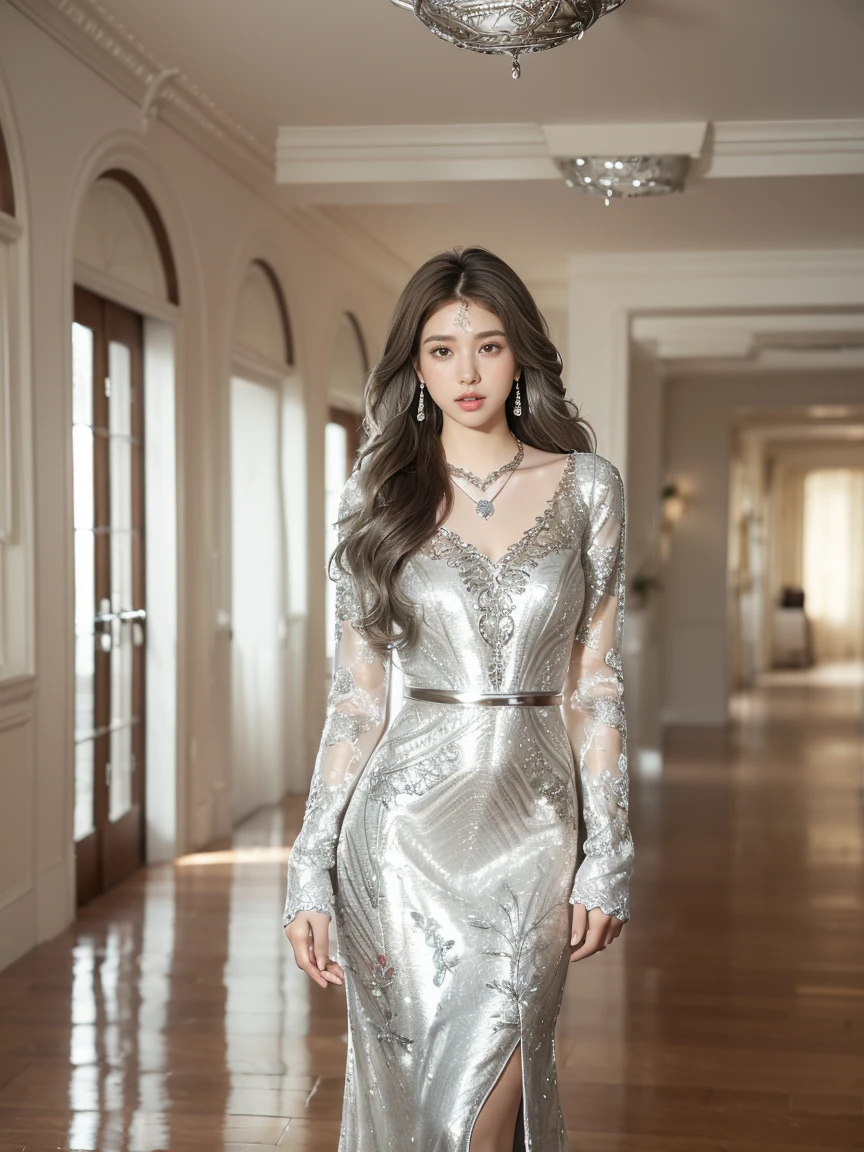 best quality,masterpiece,ultra high resolution,(In fact:1.4),original photo,ultra high resolution,8k,There is a woman,fashion,winter,confident and beautiful,calm temperament,whole body,distance,long legs,((hair with loose waves inside:1.2)),((Silver Necklace_big earrings:1.2)),((very long brown hair:1.2))、((Strongly blurred beautiful office hallway background:1.1)、The most natural and perfect office hallway、Perfectly organized hallway、((Flowing white dress decorated with intricate silver embroidery_long sleeves_thin:1.3))