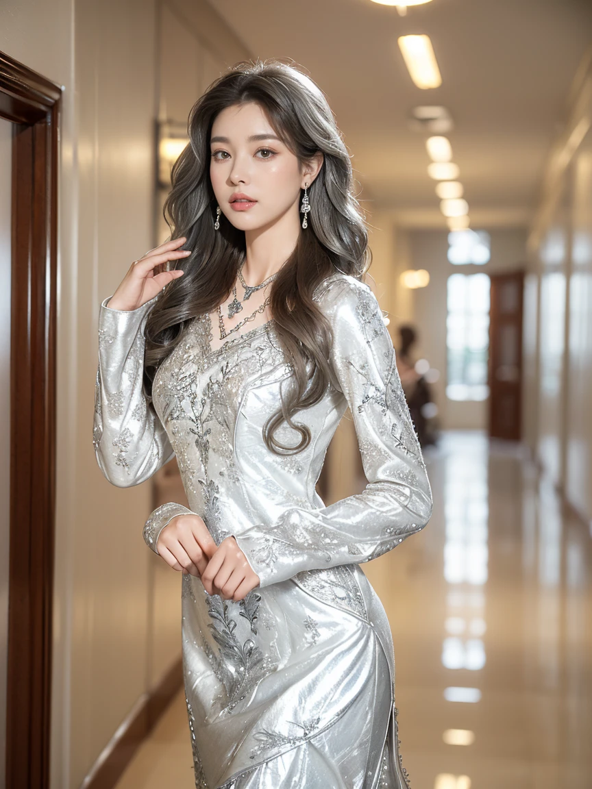 best quality,masterpiece,ultra high resolution,(In fact:1.4),original photo,ultra high resolution，8k，There is a woman，fashion，winter，confident and beautiful，calm temperament，whole body，distance，long legs,((hair with loose waves inside:1.2)),((Silver Necklace＿big earrings:1.2)),((very long brown hair:1.2))、((Strongly blurred beautiful office hallway background:1.1)、The most natural and perfect office hallway、Perfectly organized hallway、((Flowing white dress decorated with intricate silver embroidery_long sleeves_thin:1.3))