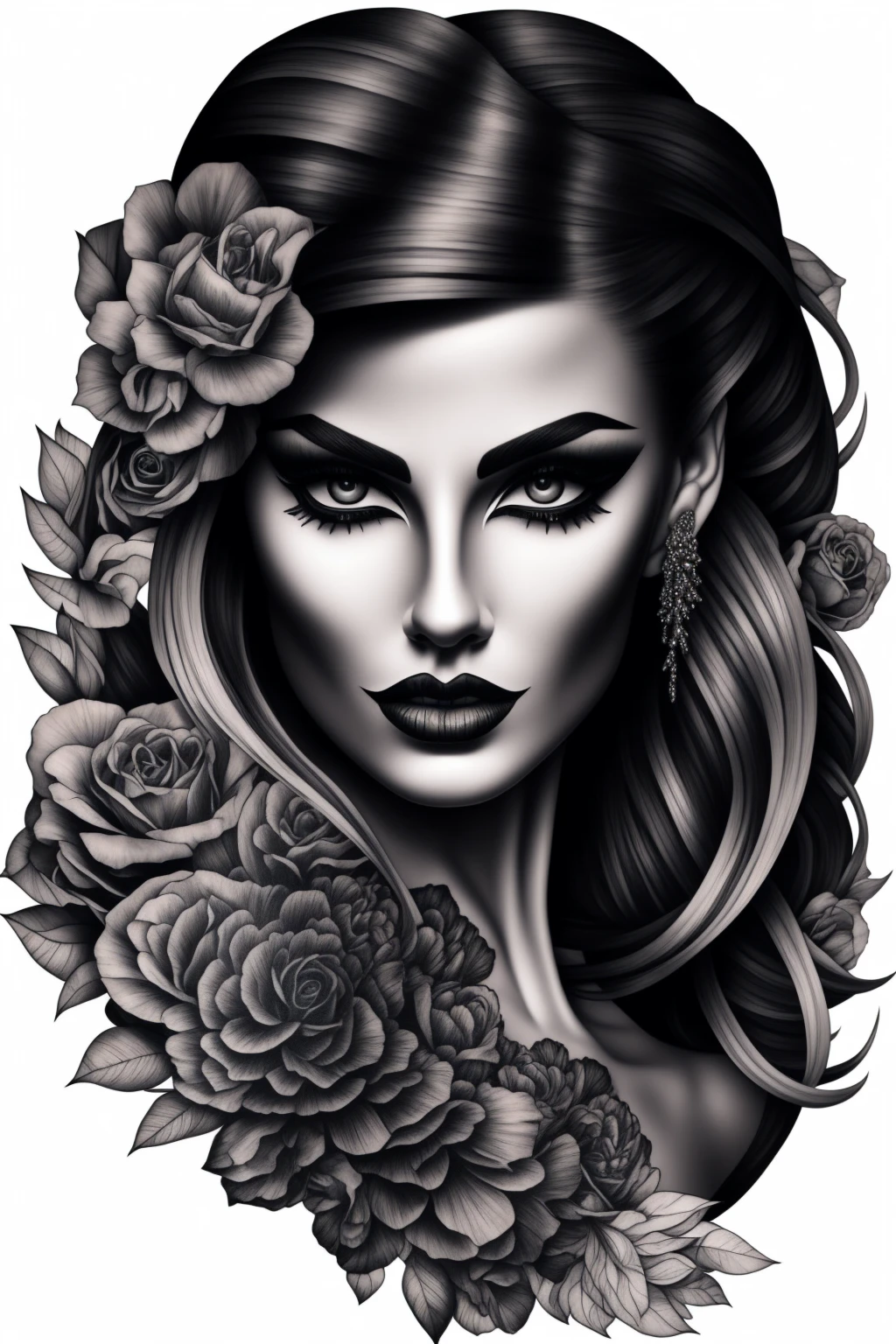 Intricately drawn chican woman with an alluring black and gray make up design, showcasing sharp and defined features against a pristine White background. The monochrome palette highlights the striking contrasts of her bold tattoo art, each line and shade meticulously rendered to capture the essence of this captivating figure. The overall image exudes a sensual and mysterious atmosphere, perfect for a high quality printing or digitl art.
black and white domain, sharp details, White background, chican woman, make up, hight contrast, monochrome, bold tattoo, Complex art, captivating figure, high quality printing, digitl art.