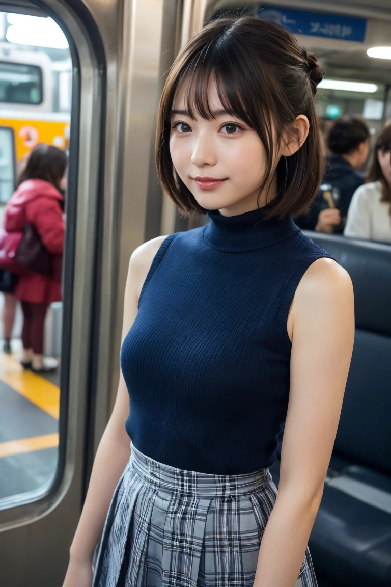 Browsing Caution, Best image quality, 8k, high quality, masterpiece:1.2), ((masterpiece)), (Attention to detail, high quality, Best image quality), Bokeh, Depth of written boundary, Portraiture, Open Stance, (写真のようToリアル:1.4), Realistic skin texture, Sleeveless navy turtleneck knit, ruffle tight skirt, short hair, pantyhose, (列車のサスペンションレザーToつかまって:1.2) To (Packed subway train), (彼女の脇の下が完全To見える), Very round face, Brown Hair, Plump body, Shooting from below, Looking away, Bun style hair, smile, low length, Small head and face