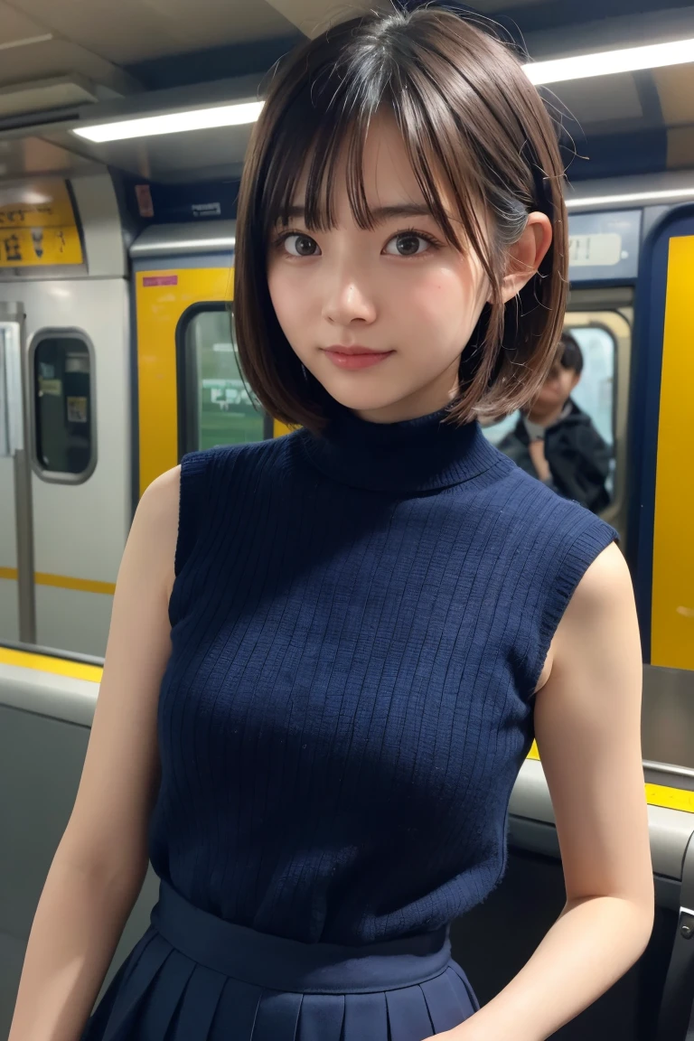 Browsing Caution, Best image quality, 8k, high quality, masterpiece:1.2), ((masterpiece)), (Attention to detail, high quality, Best image quality), Bokeh, Depth of written boundary, Portraiture, Open Stance, (写真のようToリアル:1.4), Realistic skin texture, Sleeveless navy turtleneck knit, ruffle tight skirt, short hair, pantyhose, (列車のサスペンションレザーToつかまって:1.2) To (Packed subway train), (彼女の脇の下が完全To見える), Very round face, Brown Hair, Plump body, Shooting from below, Looking away, Bun style hair, smile, low length, Small head and face