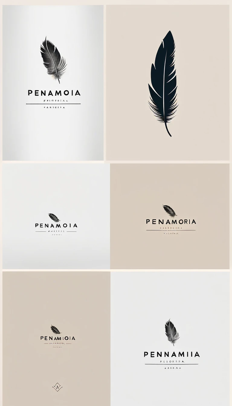 A minimal, modern, simple, cinematic logo design for the brand “Penamemoria". Create a modern, minimalistic, high-quality, logo of a feather that convey a sense of memories and dreams. 