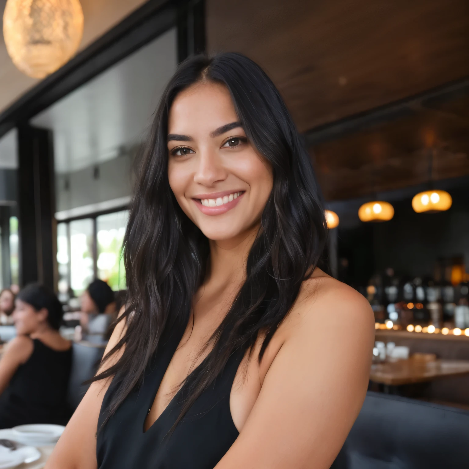 Beautiful girl , Upper body view, Sitting in a Restaurant, , long wavy light black Hairs, Posing beautifully, Smiling at us, Black Eyes, 4k Natural , Hyper Detailed, Black casual Dress, Hyper Realism, Hyper Detailed, UHD