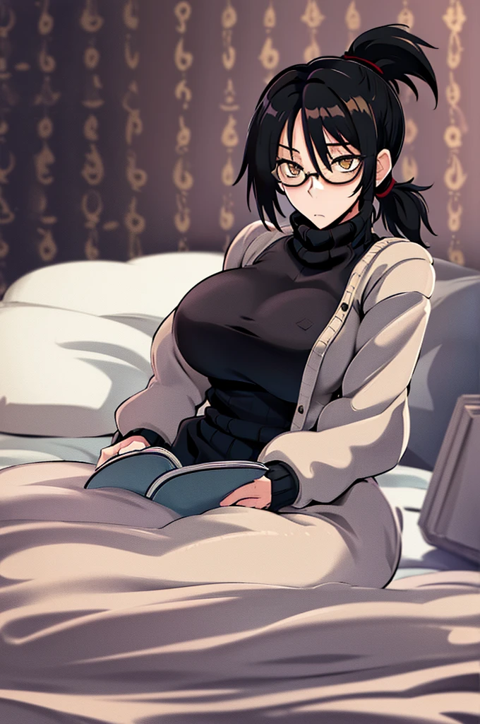 mature woman, hair over one eye, golden eyes, Tomboy, sitting on the ground, black turtleneck sweater, looking at viewer, bed, black short hair with a ponytail, books lying around, bedroom background, round glasses, bags under eyes, tired, reading a book, shy, solo