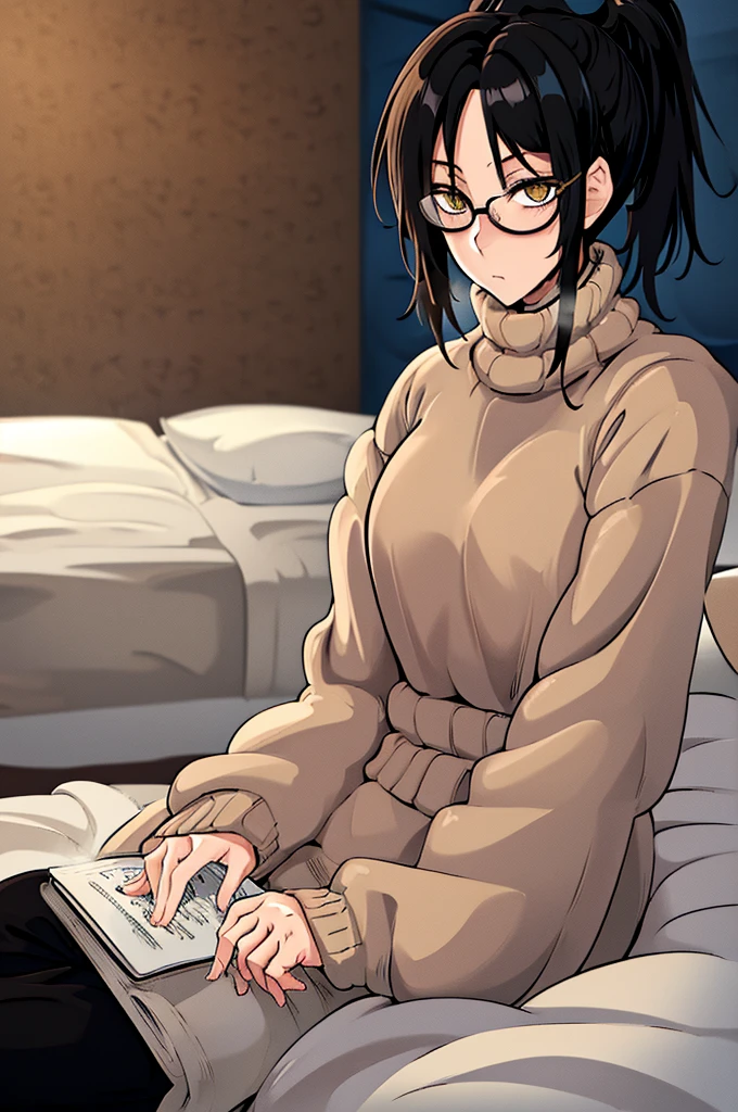 mature woman, hair over one eye, golden eyes, Tomboy, sitting on the ground, black turtleneck sweater, looking at viewer, bed, black short hair with a ponytail, books lying around, bedroom background, round glasses, bags under eyes, tired, reading a book, shy, solo