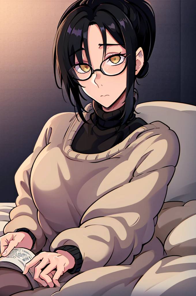 mature woman, hair over one eye, golden eyes, Tomboy, sitting on the ground, black turtleneck sweater, looking at viewer, bed, black short hair with a ponytail, books lying around, bedroom background, round glasses, bags under eyes, tired, reading a book, shy, solo