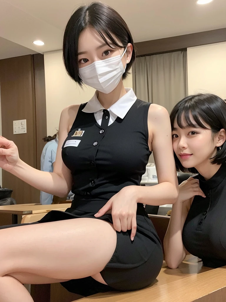 Highest quality、masterpiece、8k、Very detailed、Realistic、Looking at me with a smile、whole body、Black Hair、Short Hair、Small face、Slender、(Very large breasts:1.2)、Thin and beautiful legs、narrow and constricted waist,、(Family Restaurant Uniforms:1.2)、A tight, see-through, sleeveless white shirt with buttons and a collar、A short, black, high-waisted skirt、(Nobody background:1.2)、mask、Erect nipples