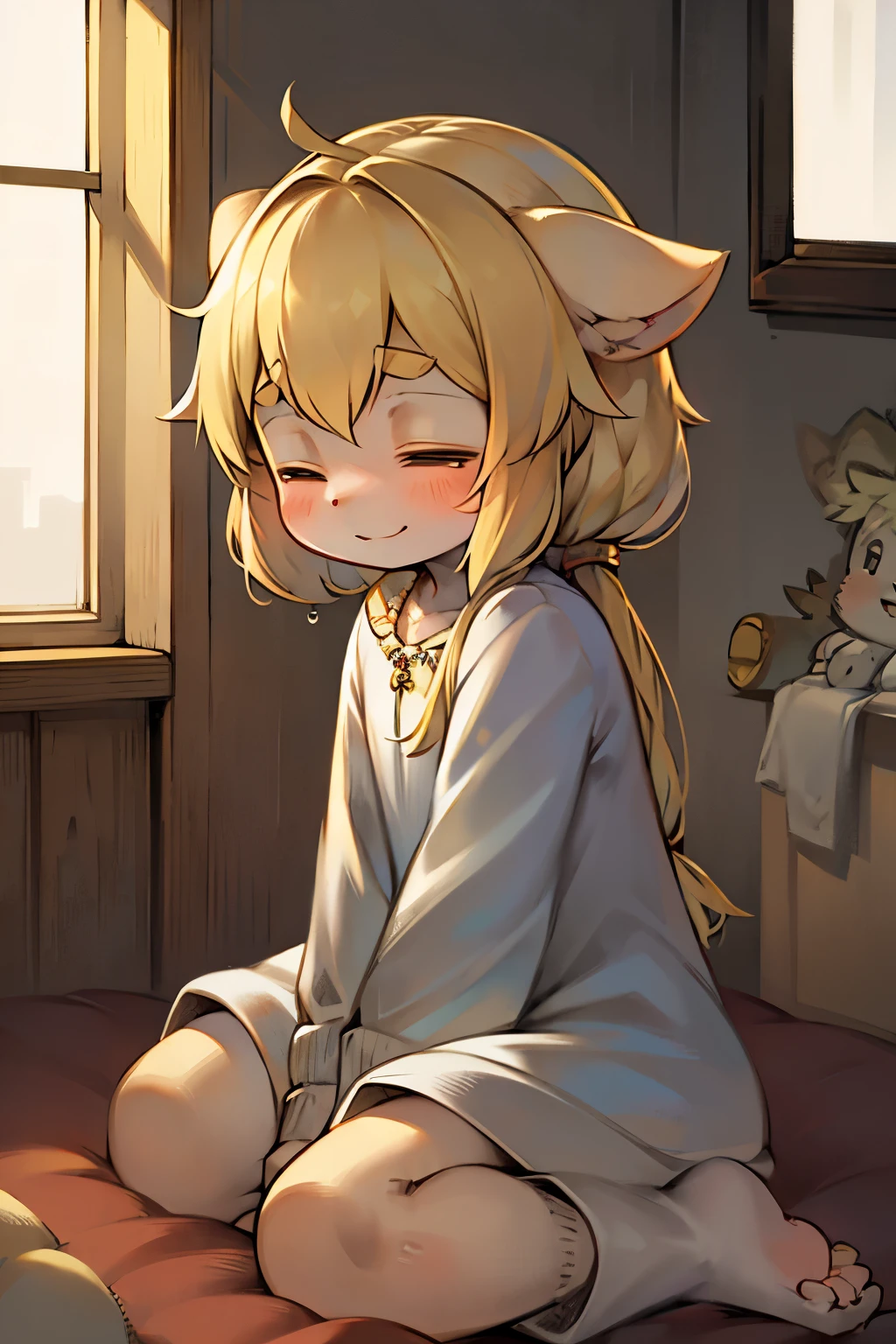 Tender Toddler, Devout Connection, Jesus Figure, Childlike Innocence, Cherubic Smile, Blonde Hair, Bowhead, Kneeling Position, Hands Together in Prayer, Soft Light, Detailed Faces, Warm Color Palette, Toys nearby, Closed Eyes in Deep Focus, Simple Dress, Sock Feet, Comfortable Posture
(Quality: 1.2)
(Detailed Facial Features: 1.1)
(Warmth and Tenderness: 1.5)
(Realistic and Emotional: 1.0)
(Cute Anthropomorphic Toddler Praying: