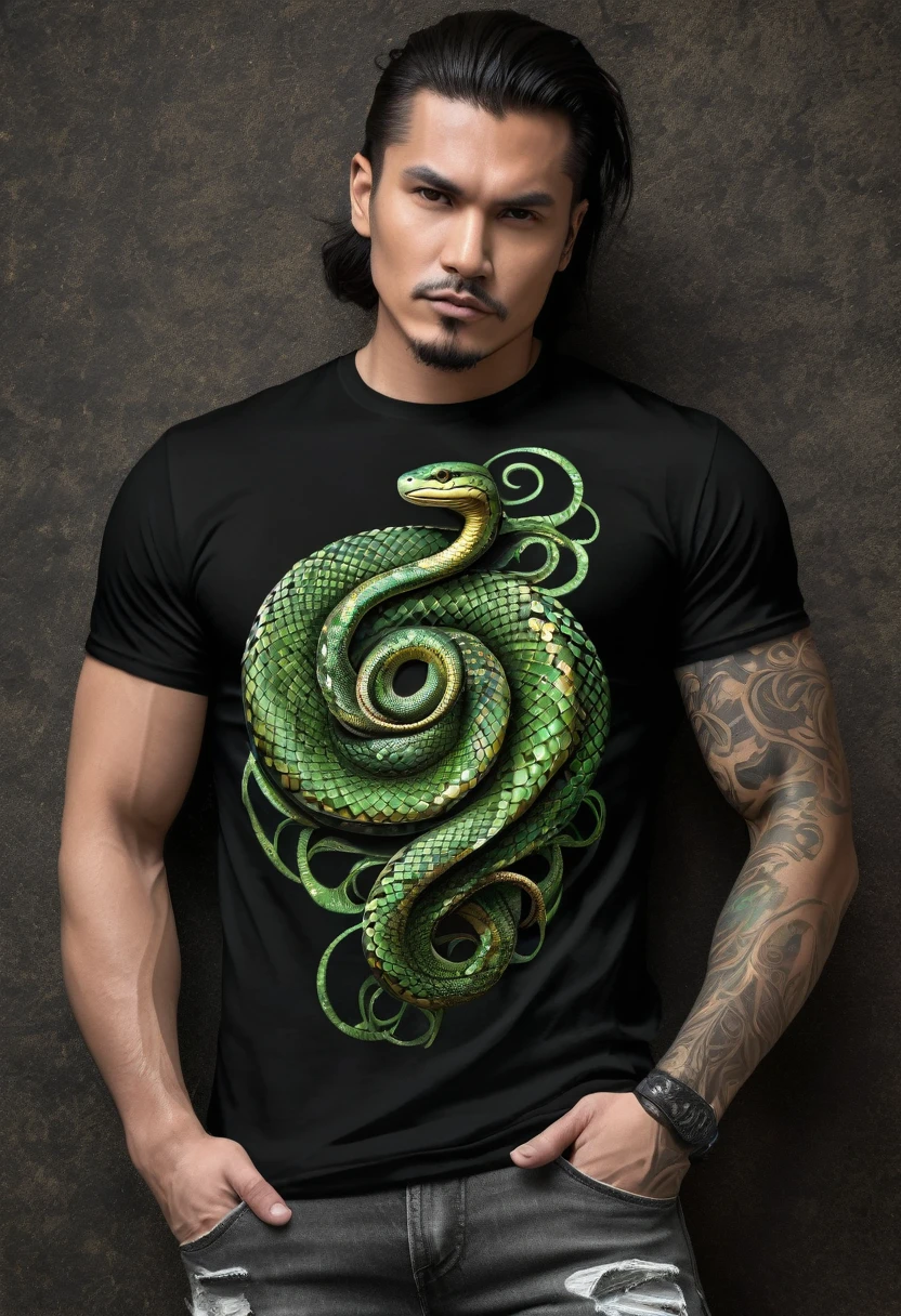 t shirt design, Create a menacing black t-shirt with a full-length Python motif inspired by the aesthetics of heavy metal music. The artwork features an elegant style, Golden and light green python coiled sinuously, its scales shining in the dim light. Python's mouth is wide open, revealing rows of sharp teeth dripping with blood, exuding a raw feeling, primitive aggression, bright sky and big sun in the background, improving the sinister atmosphere of the design. Python's eyes shine with a malevolent glow, capturing the essence of danger and violence. The overall style is bold and intense, embodying the dark and edgy spirit of heavy metal music.