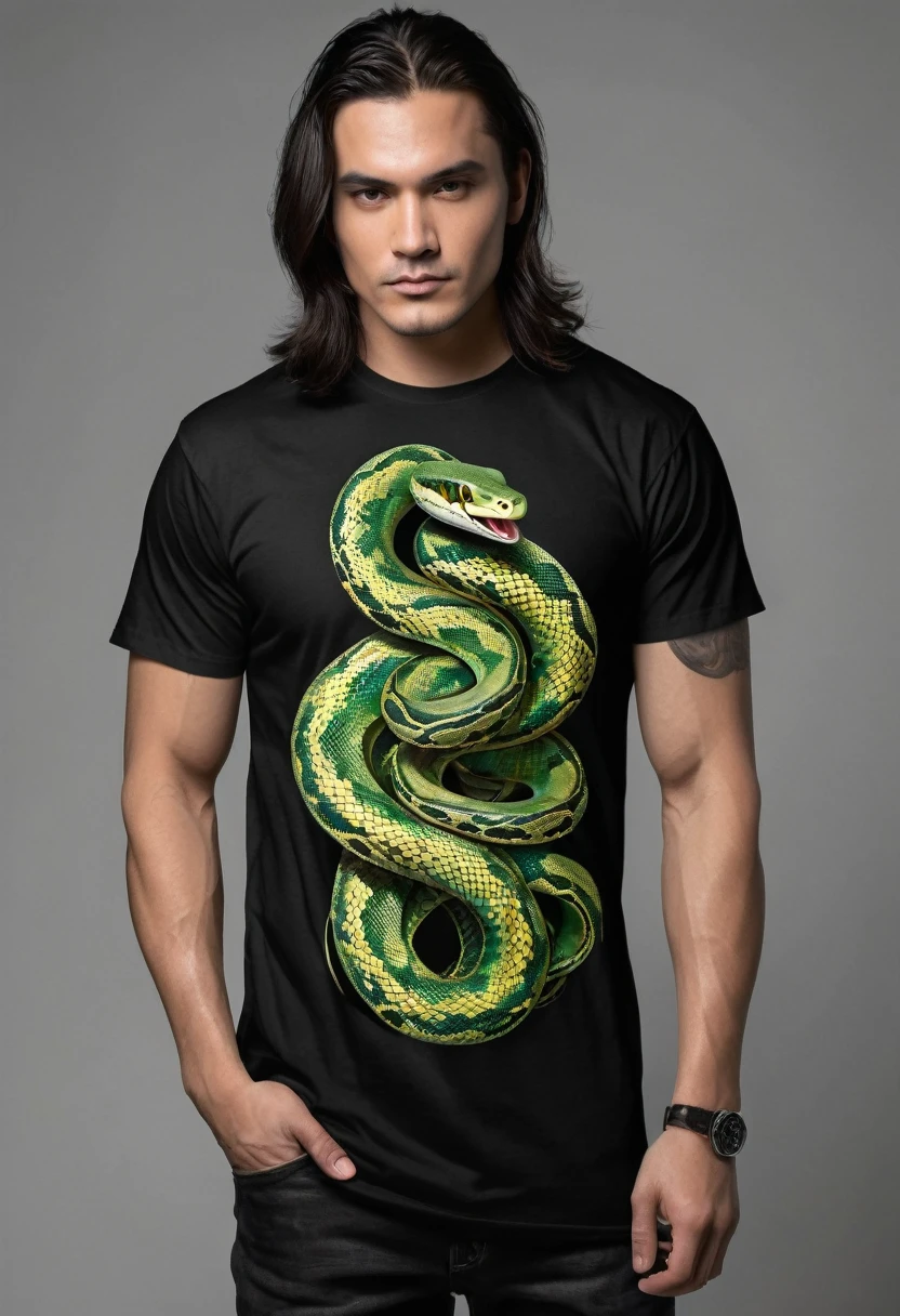 t shirt design, Create a menacing black t-shirt with a full-length Python motif inspired by the aesthetics of heavy metal music. The artwork features an elegant style, Golden and light green python coiled sinuously, its scales shining in the dim light. Python&#39;s mouth is wide open, revealing rows of sharp teeth dripping with blood, exuding a raw feeling, primitive aggression, bright sky and big sun in the background, improving the sinister atmosphere of the design. Python&#39;s eyes shine with a malevolent glow, capturing the essence of danger and violence. The overall style is bold and intense, embodying the dark and edgy spirit of heavy metal music.