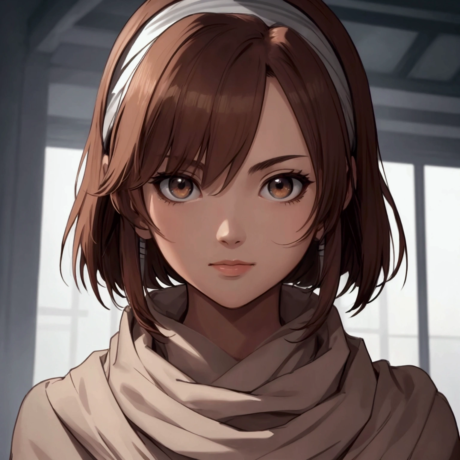 masterpiece), best quality, high resolution Mikoto Misaka Character1girl bob cut medium hair standing alone cowl headband profile image looking at viewer beautiful eyes beautiful face extremely detailed