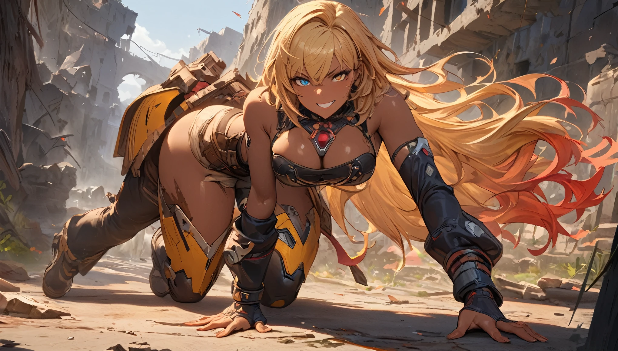 best quality,4k,8k,highres,masterpiece:1.2),ultra-detailed, extremely detailed eyes, extremely detailed body, (large masterpiece digital art), (detailed manga illustration), (detailed line art), ((perfect anatomy)), (intricate details:1.3), (ultra-detailed:1.3), (illustration:1.3), (sharp focus:1.3), (natural lighting:1.05), (vivid colors:1.3), (masterpiece), (best quality:1.4), (perfect anatomy:1.4), high quality, expressive eyes, full body, detailed face, beautiful face, perfect face, 1 girl, tall girl, ((blonde hair)), (red hair), multicolored hair, two-toned hair, ((dark skin)), (((dark skinned female))), large breasts, thick thighs, ((very long hair)), bare shoulders, denim, (short shorts), dynamic pose, silver jewelry, choker, thigh-highs, skin dentation, curvy, heterochromia, (orange eye), (icy blue eye), thigh gap, (white shirt), black leather jacket, thigh boots, dynamic lighting, cinematic lighting, smiling, ((Greek ruins background)), Atey Ghailan, Jeremy Mann, Greg Manchess, Antonio Moro, trend in ArtStation, trend in CGSociety, Intricate, High Detail, Sharp focus, dramatic and photorealistic painting art by Midjourney and Greg Rutkowski, Jeff Bridges, ((cartoon style)), Marvel Cinematic Universe style