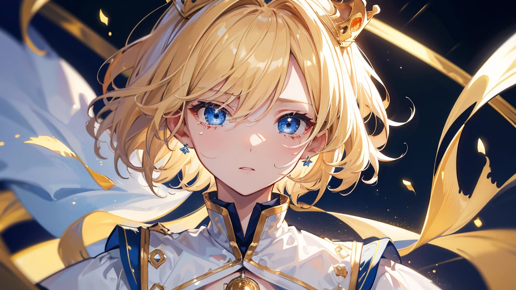 (Highest quality)　(4K)　(8k)　(High resolution)　(masterpiece:1.2)　(Super detailed)　One boy　short hair　Wizard　Blue Eyes　Long sleeve　Golden decoration　Hair between the eyes　White Dress　Wavy golden hair　Upper Body　(large crown)　(White Background)　profile　Face close-up　Are crying