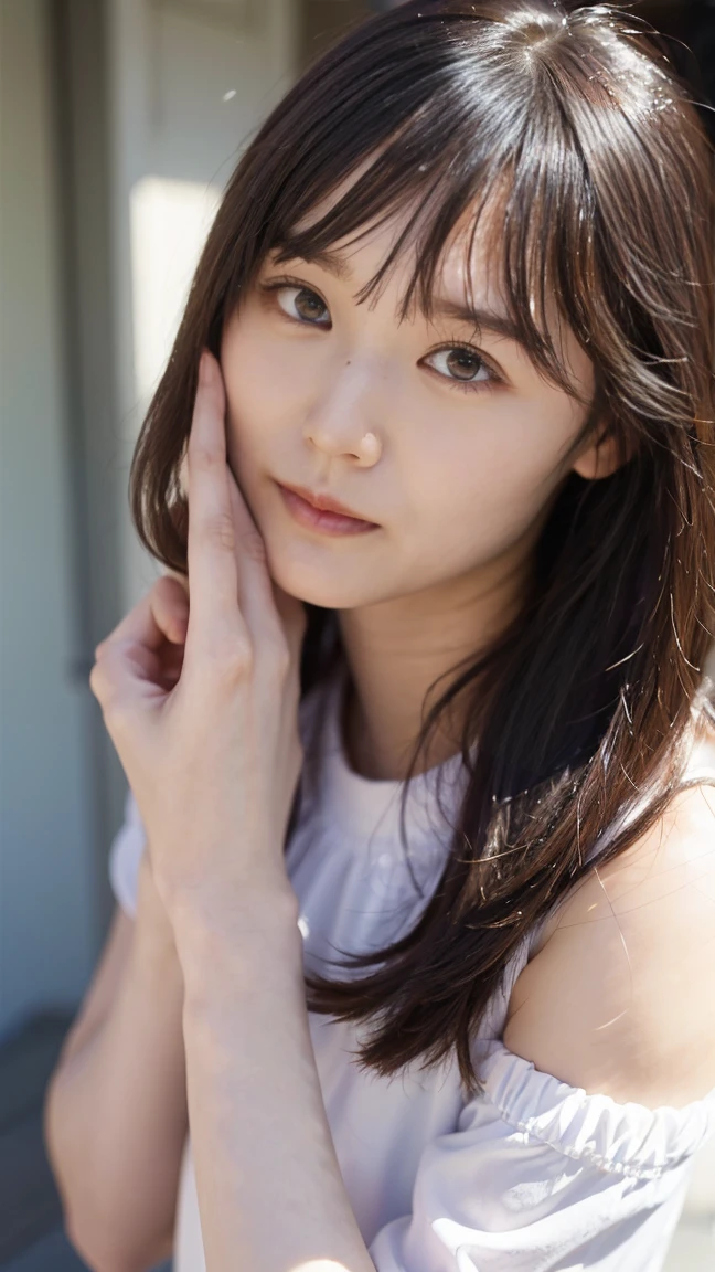 ((((detailed explanation)))),(((masterpiece、Highest quality、Very detailed:1.42、Focus on the eyes)))、Female in her late s、Portraiture、Blurred cityscape at dusk、Silhouette of buildings and street lights Long dark brown hair、natural wavy curls、The wind is blowing softly、Hair falls down the side of the face、Skin is smooth、Healthy olive color、The tan lines are faintly visible、Natural redness on the cheeks、I have a few small laugh lines on my forehead.、Eyes with dark brown irises、The pupil is shining, Reflect light、Long curled eyelashes、Accentuate the eyes、Eyebrows are thin and trimmed、Natural Arch、Small Nose、straight、straight nose、lips are plump、soft pink lip gloss、Ultra-thin camisole、Barefoot and bare legs、A simple silver bracelet on her right wrist、A small diamond earring sparkles in her left ear...、The expression is calm、Be confident、smile、(((Emphasize the contrast between light and shadow)))、Realistic textures and facial details