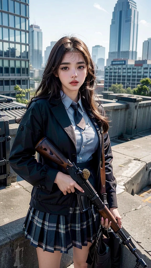 1womanl、(Super beautiful)、(beauitful face:1.5)、(A detailed face)、is standing、(high-school uniform)、Dark blue jacket、white shirt、neck tie、Plaid mini skirt、Brown hair、(Dark makeup)、(holding rifle)、(Aim your rifle:1.5)、h&K HK416、(On the roof of a high-rise building)