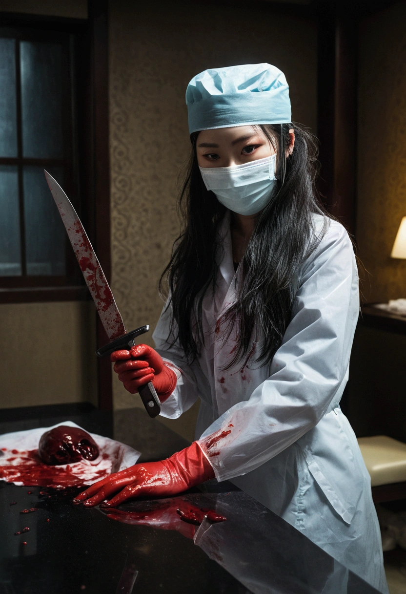 korean girl, (behind corpse, surgical mask), blood splatter, holding knife, stabbing, gloves, woman on top, room full of blood, transparent raincoat, trucker hat, holding knife, gloves, behind corpse, very long hair, night, mass murderer, robbery, in the hotel, dark atmosphere, cinematic lighting, atmospheric realistic, light from the window
