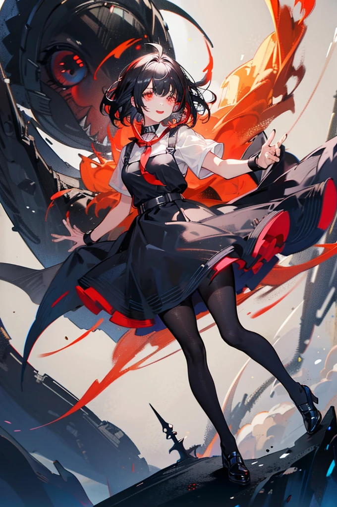 olo, 1girl (big breasts, shark tail, wild, cape) (masterpiece, best quality: 1.2), alternative clothing, dress, shark tail, (shark girl: 0.5), short hair, black hair, red eyes, tail, pantyhose , colorful hair, black shoes, short sleeves, apron, wristband, stockings, black hair, white inner hair, (glowing red eyes: 1.3), short hair, two-color hair, apron, black pantyhose, black shirt, knife