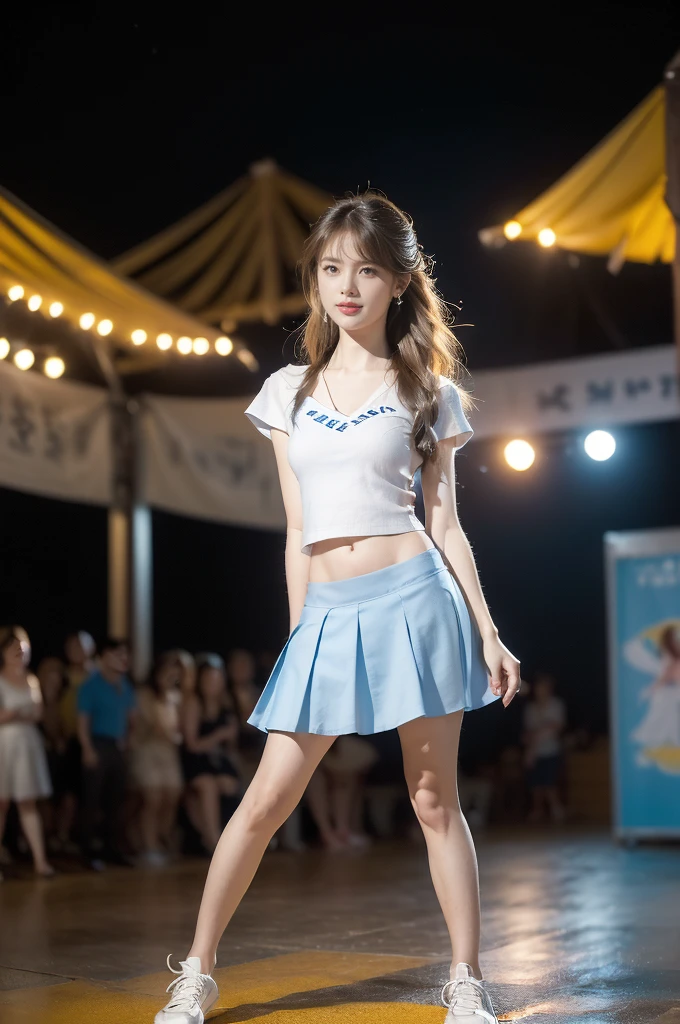 (((best quality))),(((ultra detailed))),(((masterpiece))),illustration,((a beautiful girl,solo)),(shoulder length straight hair:1.2),((slim,thin)),((small breasts,flat chest,cleavage,navel)),(blue short-sleeved white shirt:1.5),(blue mini-skirt:1.3),(slender legs:1.2),(sneakers:1.3),(standing:1.3),(arms behind back:1.3),(on the stage:1.3),((outside a shopping mall, at the entrance of a beer promotional event)),((surrounded by crowded crowds)),((hair and skirt fluttering in the air)),expressive eyes,infectious smile,the stage adorned with colorful decorations,vibrant atmosphere,(night scene:1.3),(from front:1.3),(full body:1.3),