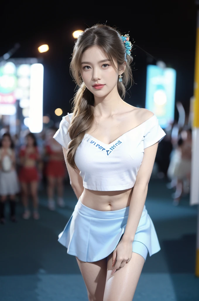 (((best quality))),(((ultra detailed))),(((masterpiece))),illustration,((a beautiful girl,solo)),(shoulder length straight hair:1.2),((slim,thin)),((small breasts,flat chest,cleavage,navel)),(blue short-sleeved white shirt:1.5),(blue mini-skirt:1.3),(slender legs:1.2),(sneakers:1.3),(standing:1.3),(arms behind back:1.3),(on the stage:1.3),((outside a shopping mall, at the entrance of a beer promotional event)),((surrounded by crowded crowds)),((hair and skirt fluttering in the air)),expressive eyes,infectious smile,the stage adorned with colorful decorations,vibrant atmosphere,(night scene:1.3),(from front:1.3),(full body:1.3),