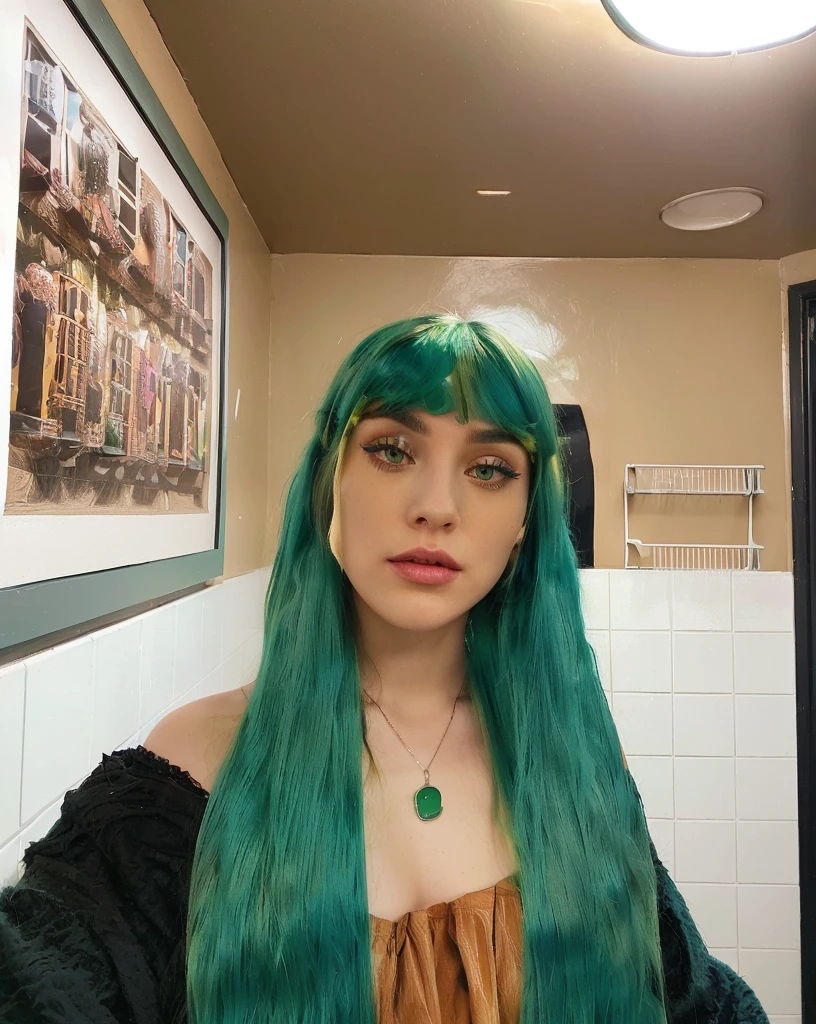 there is a woman with green hair and a green wig, long green hair, green hair, dark green hair, bright green hair, long straight green black hair, green and black hair, with long turquoise hair, green wavy hair, teal hair, ava max, short green hair, long cyan hair, dyed hair, turquoise hair, long braided green hair