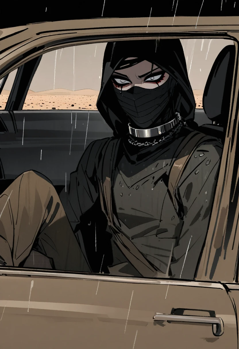 Male arab modern terrorist, terrorist, black balaclava, black bandage, black clothes, thin waist, skinny body, femboy, light skin, makeup, black eyeliner, big eyelashes, black eyeshadow, metal choker,  light tanned skin, inside the car, desert, rain, night