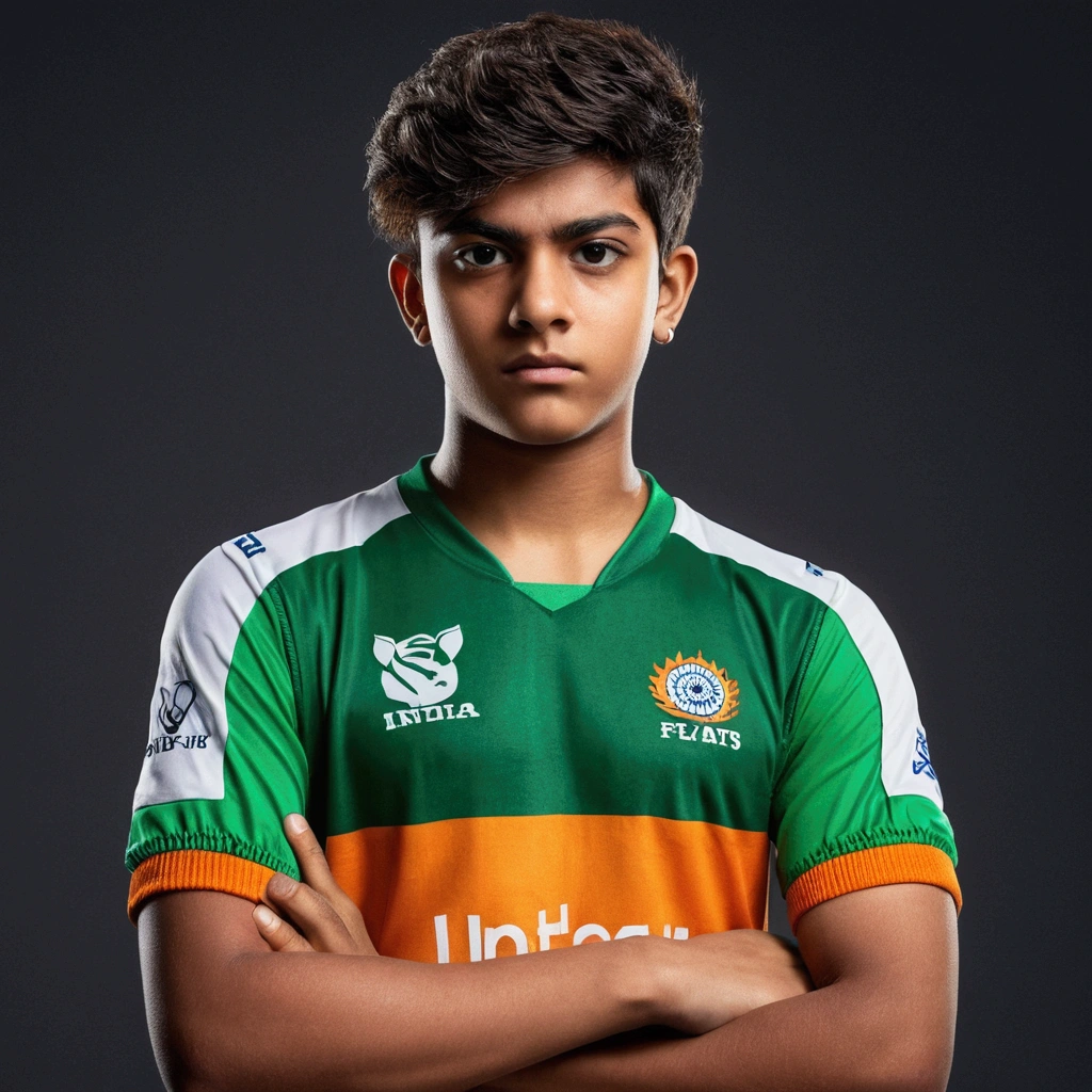 Create a realistic image of a age boy eSports player standing up. He has short, messy hair and a serious expression. He is wearing a colours, The India Saffron, White, India Green eSports jersey with various logos, including a prominent one on the chest, and the word 'EPSORTS' at the bottom. The jersey's color combination should resemble the colors of the Indian flag. He is standing with his arms crossed, looking directly at the camera. The background should be plain white to keep the focus on the player and his attire.