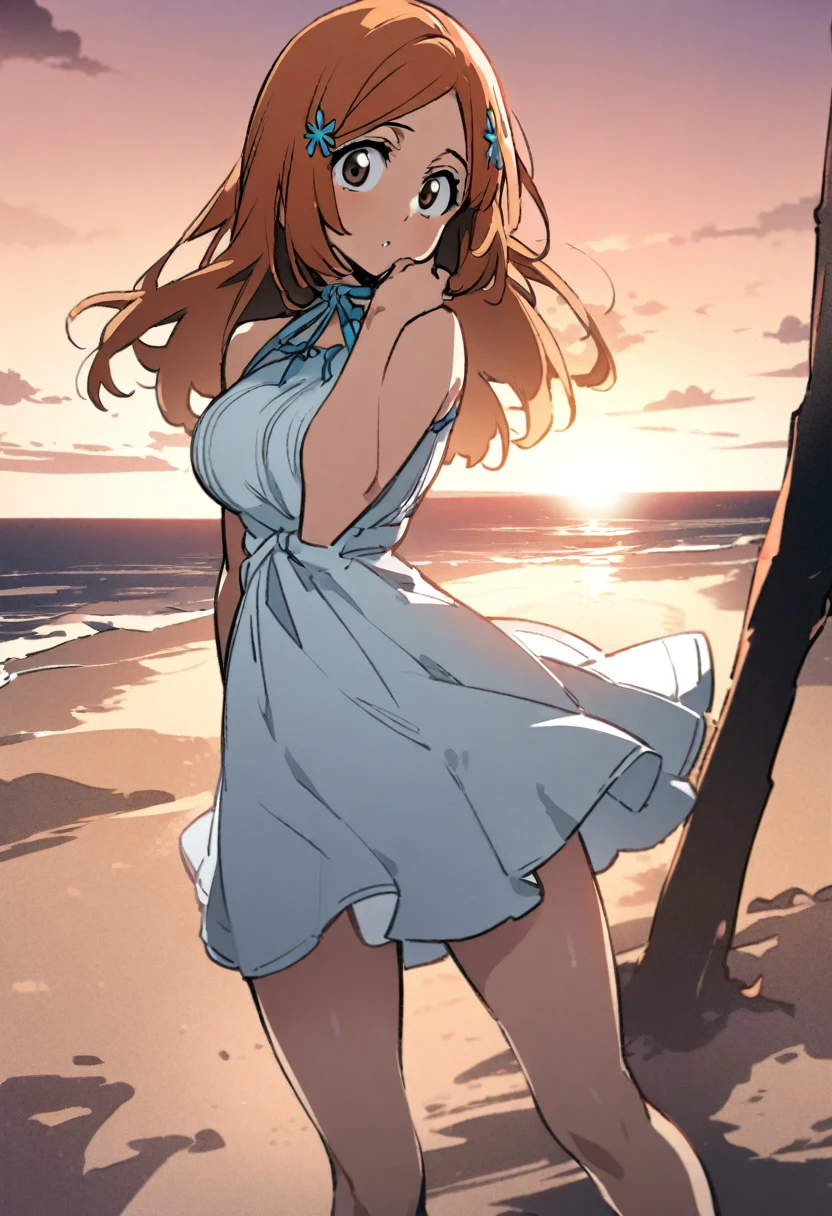 1girl, inoue orihime, bleach, warm colors, sunset beach, summer dress,masterpiece, best quality, absurdres,