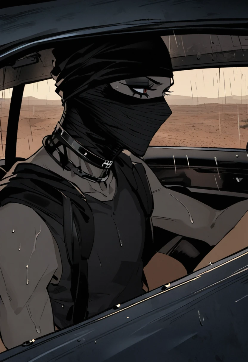 Male arab modern terrorist, terrorist, black balaclava, black bandage, black clothes, thin waist, skinny body, femboy, light skin, makeup, black eyeliner, big eyelashes, black eyeshadow, metal choker,  light tanned skin, inside the car, desert, rain, night