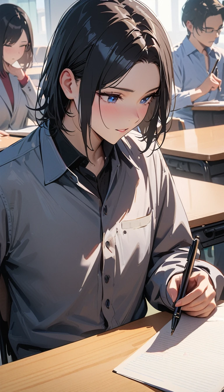 modern, Verism, masterpiece, textured skin, super detail, best quality, 4K , A good-looking man with short black hair is attending a lecture in a university classroom. He is right-handed and writing notes with a pen.