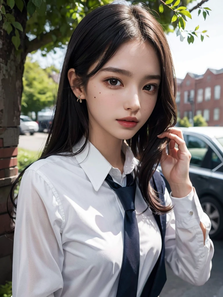 absurdres, RAW photo, extremely delicate and beautiful, masterpiece, Best Quality, ultra high resolution, 32k, hyperrealistic, ultra-detailed, perfect figure, Perfect Style, Perfect balance, in her 20s, very small head, very small face, delicate facial features, tearful mole, earring, very huge round breasts, full body shot, short medium hair, wavy hair, outdoor, (school_uniform:1.2), dress shirt, tie,