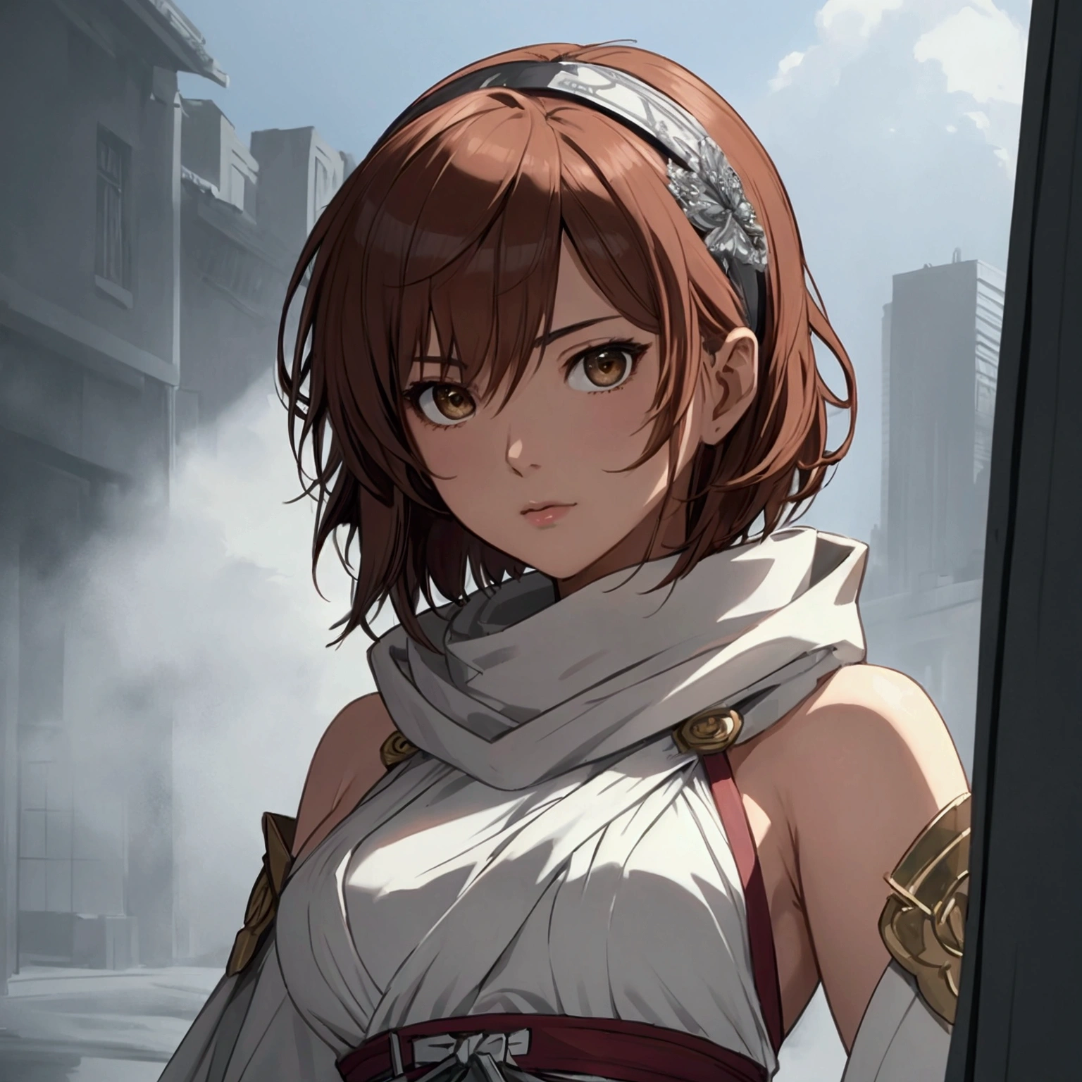 masterpiece), best quality, high resolution Mikoto Misaka  Character1girl bob cut medium hair standing alone cowl headband profile image looking at viewer beautiful eyes beautiful face extremely detailed