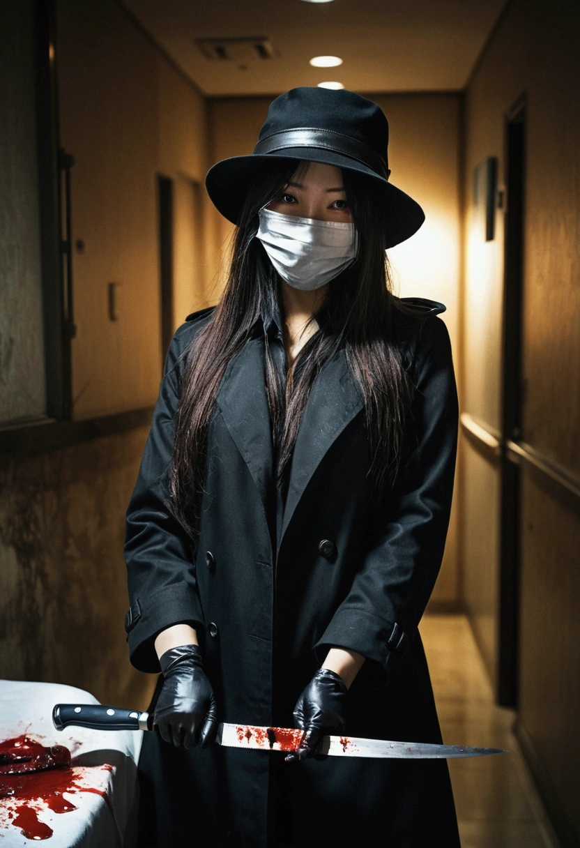 korean beautiful girl, (behind corpse, surgical mask), holding knife, stabbing, black leather gloves, room full of blood, black trench coat, bucket hat, underground, holding knife, black gloves, behind corpse, blood splatter, very long hair, night, mass murderer, robbery, in the hotel, dark atmosphere, cinematic lighting, atmospheric realistic,