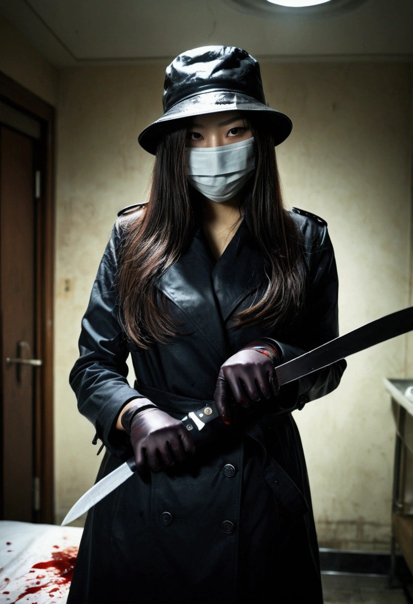 korean beautiful girl, (behind corpse, surgical mask), holding knife, stabbing, black leather gloves, room full of blood, black trench coat, bucket hat, underground, holding knife, black gloves, behind corpse, blood splatter, very long hair, night, mass murderer, robbery, in the hotel, dark atmosphere, cinematic lighting, atmospheric realistic,