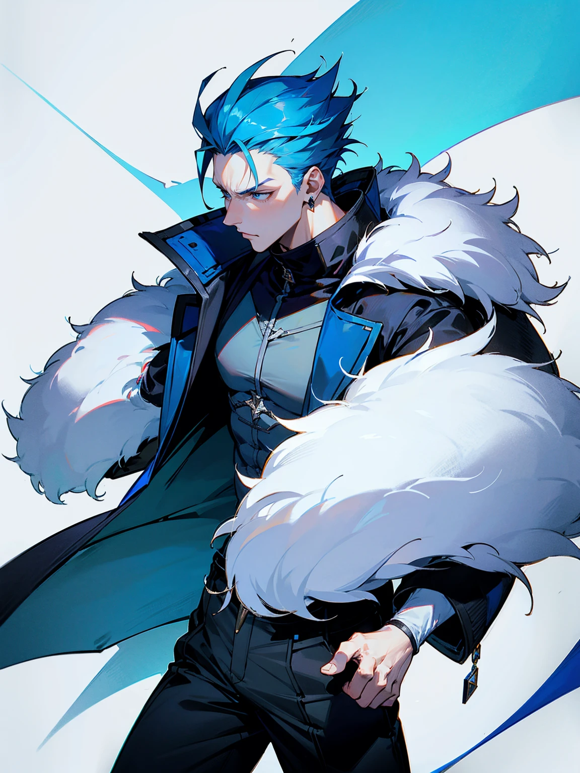 1male, adult, sky blue hair, Vergil hair, fur coat, black sweatpants, tired expression, lean build