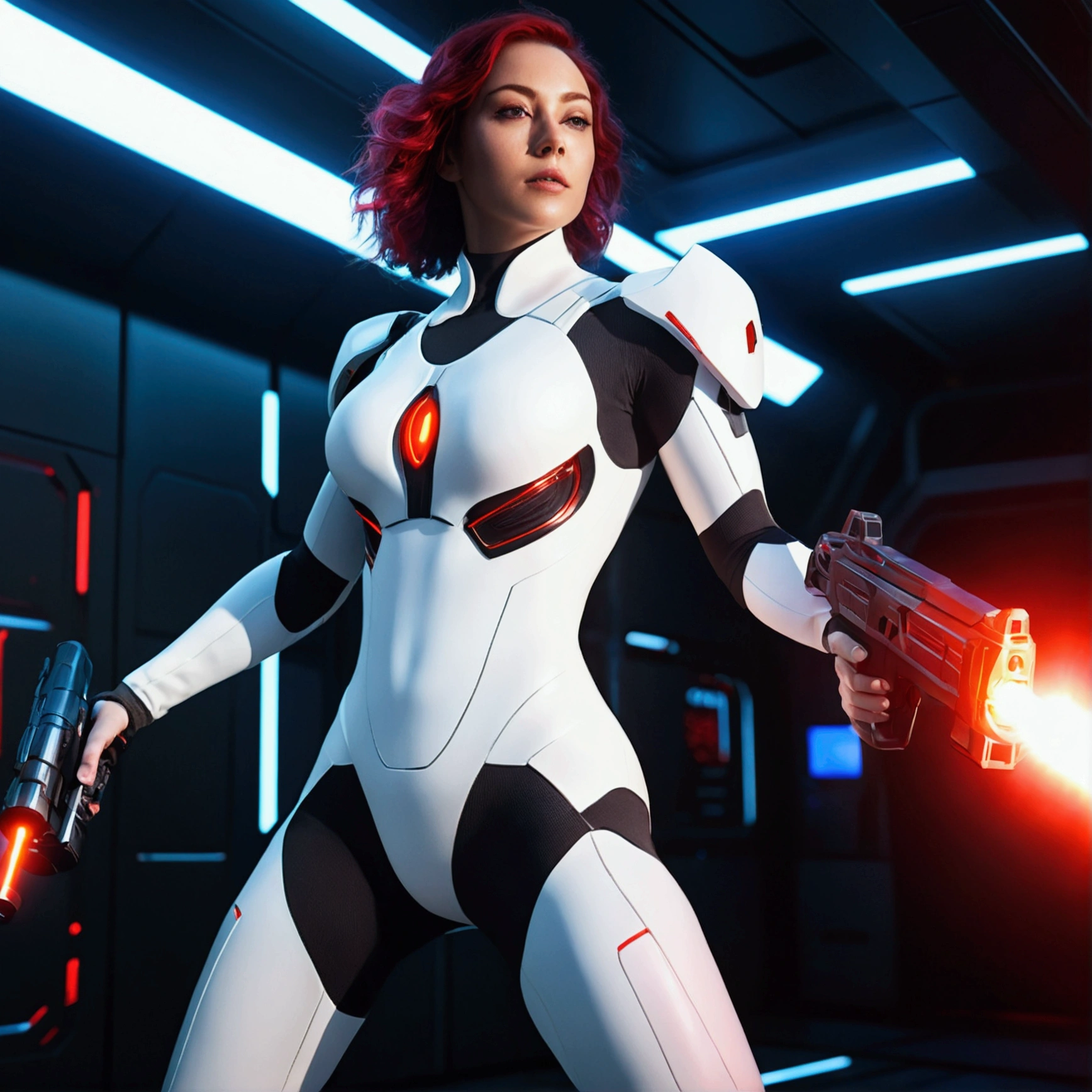 A female warrior in a high-tech white bodysuit, Alisa, carrying a plasma gun that fires red beams, in an outer space research station background, beautiful, bright, interesting shadows, concept art, cinematic, 8k, high quality, photorealistic, hyper detailed, masterpiece, dynamic lighting, volumetric lighting, lens flare, cinematic composition, atmospheric perspective, dramatic shadows, glowing energy, advanced technology, futuristic, sleek design, intricate details, vivid colors, stunning visuals