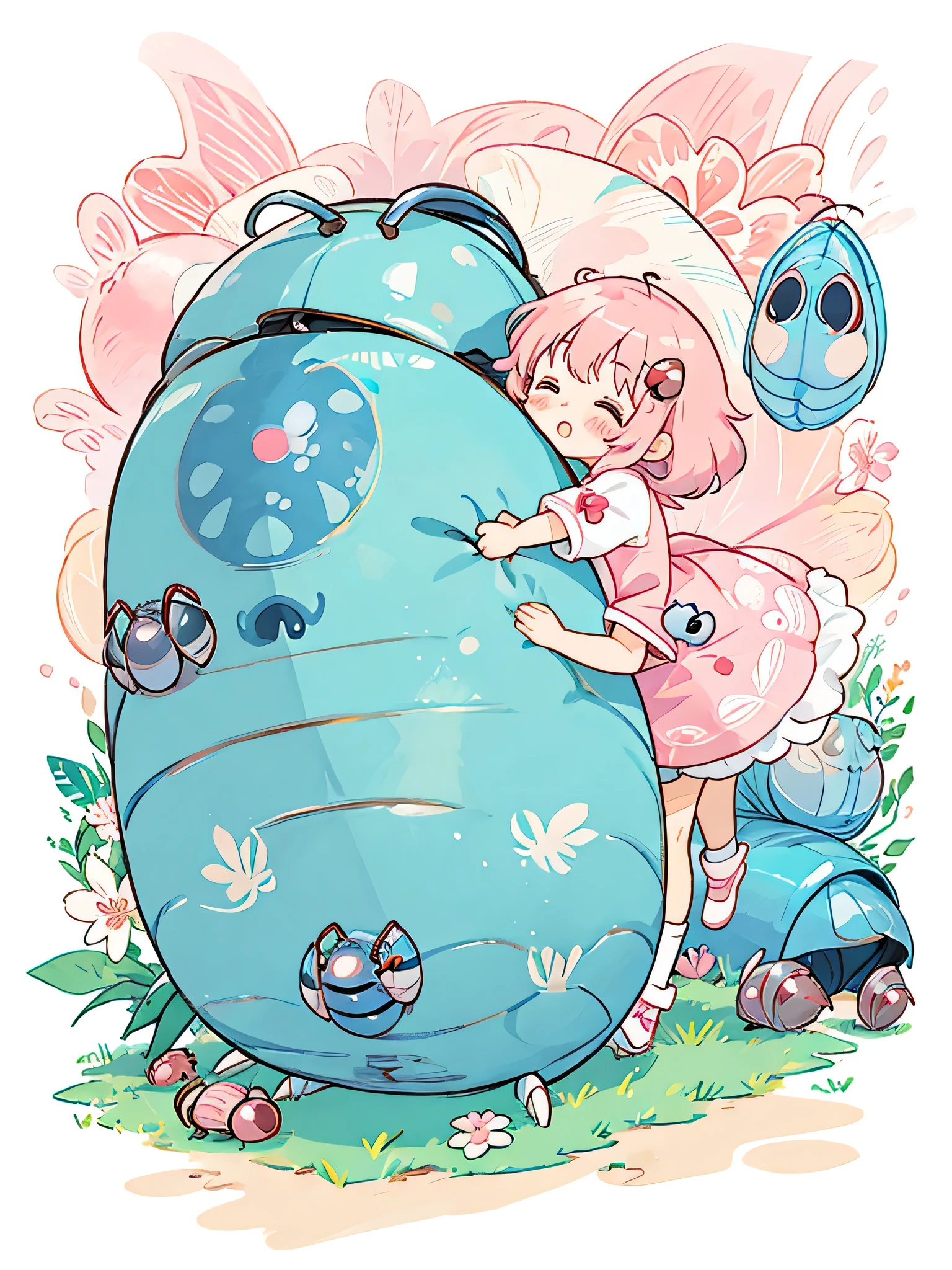 Momoko Sakura colorful style, Kawaii Design, The most beautiful girl of all time、chibi, (((Hug Cute pillbug)))