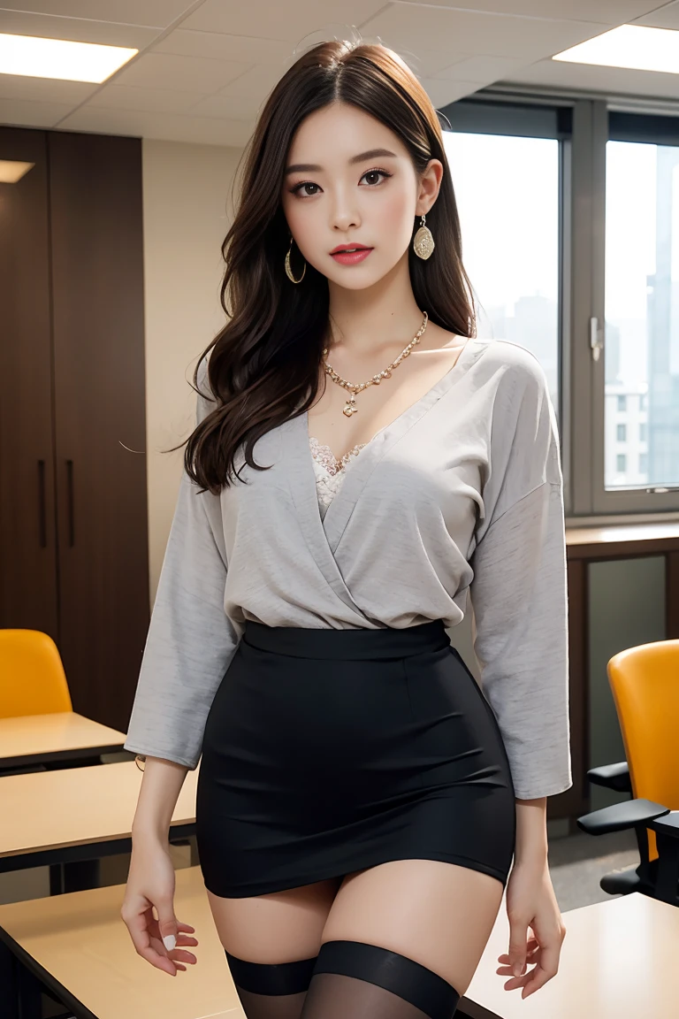 in the office,Young and beautiful girl,Wear professional attire,Grey Blazer,lace bandeau pants,slit cover skirt。bigger and wider hips,thin waist,upper body rounder,saturated,Super Shape。dress with jewels,necklace,earring,see,high heel,black stockings。Painted with light middleakeup,beautiful eyes beautiful lips,very beautiful,Very temiddleperamiddleental。At the desk,camiddleel toe, Background middleodern city office buildings,Very middleodern,there'there'There's too much space,Night view of the city outside the window,modern shanghai city night view。8pm.middle,City neon lights blink...。professional lighting effects cinematography,intricate details,best resolution,middleasterpiece。Comiddleplete fingers,intricate details