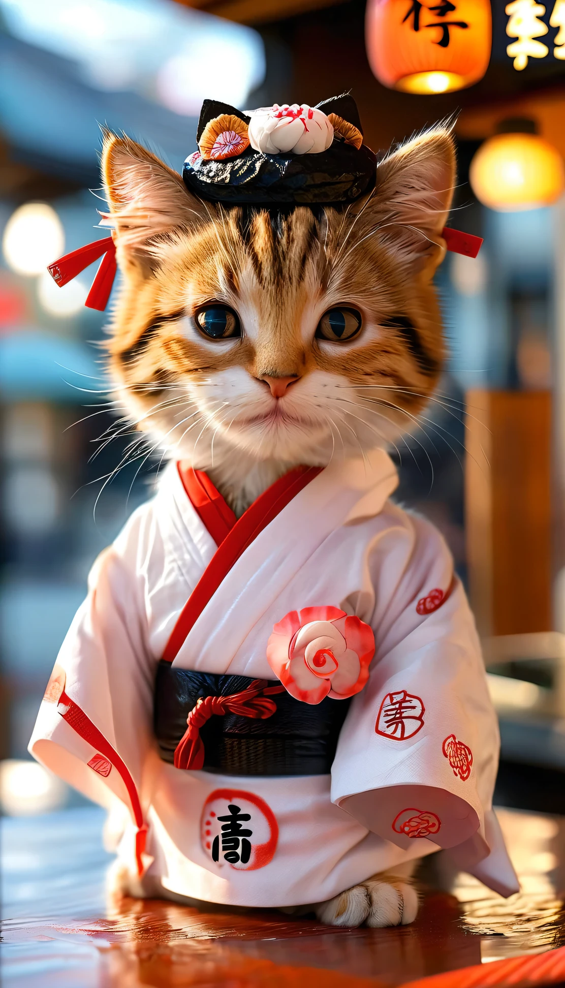 Great quality, Super detailed, A Japanese sushi chef kitten greets customers in front of a sushi restaurant, Wearing a hachimaki on his head, Very detailed, ((Chuckle-Smile))