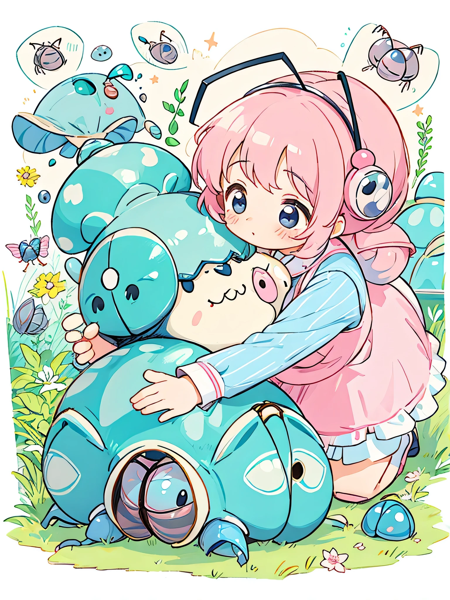 Momoko Sakura colorful style, Kawaii Design, The most beautiful girl of all time、chibi, (((Hug Cute pillbug)))