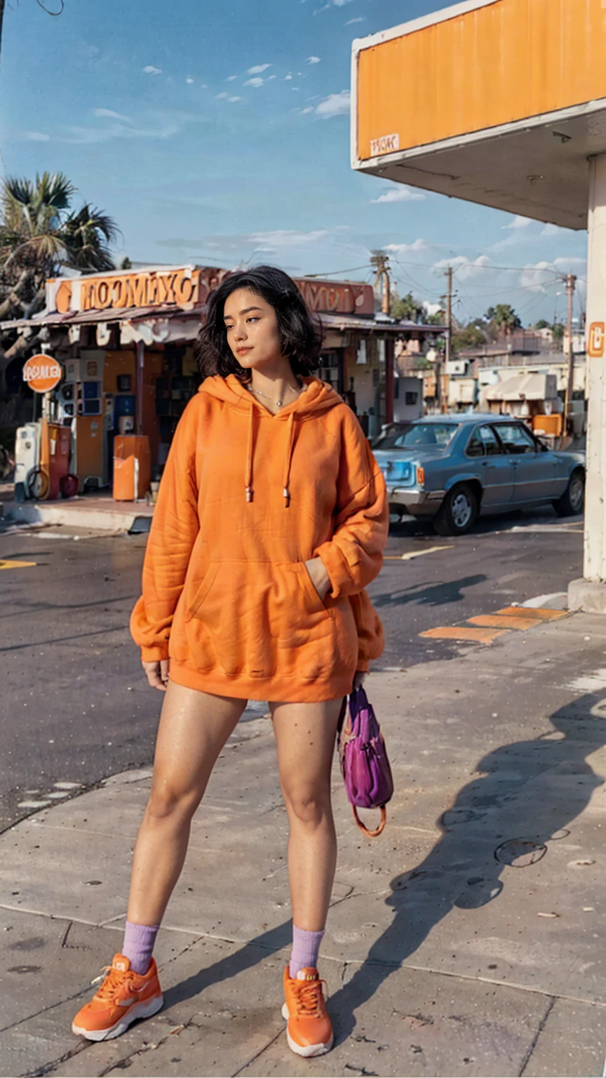 (medium cinematic shot portrait), of cute 23 yo girl (perfect plump body) ,wear ((orange color oversized_hoodie)), wear ((purple tennis skirt)),looking front,Best Quality,Masterpiece,Ultra High Resolution,(Realisticity:1.4),Original Photo, 1Girl, light leak,ultra high resolution,UHD,beautiful, (black bob hair), almond eye, no makeup, looking at camera,in front of ((80's colorful gas station)), (realistic:1.2), (surreal:1.3), (very detailed:1.1), ((masterpiece)),summer, blue sky, palm trees,sunny, los angles vibes,film camera, 800mm lens,style of Philip Lorca diCorcia