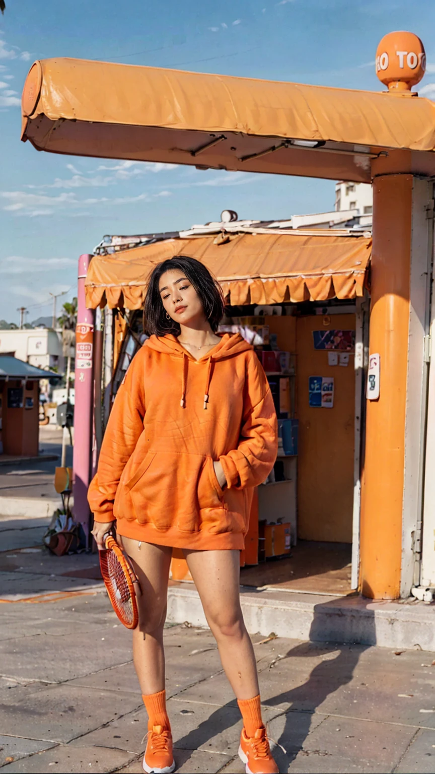 (medium cinematic shot portrait), of cute 23 yo girl (perfect plump body) ,wear ((orange color oversized_hoodie)), wear ((purple tennis skirt)),looking front,Best Quality,Masterpiece,Ultra High Resolution,(Realisticity:1.4),Original Photo, 1Girl, light leak,ultra high resolution,UHD,beautiful, (black bob hair), almond eye, no makeup, looking at camera,in front of ((80's colorful gas station)), (realistic:1.2), (surreal:1.3), (very detailed:1.1), ((masterpiece)),summer, blue sky, palm trees,sunny, los angles vibes,film camera, 800mm lens,style of Philip Lorca diCorcia