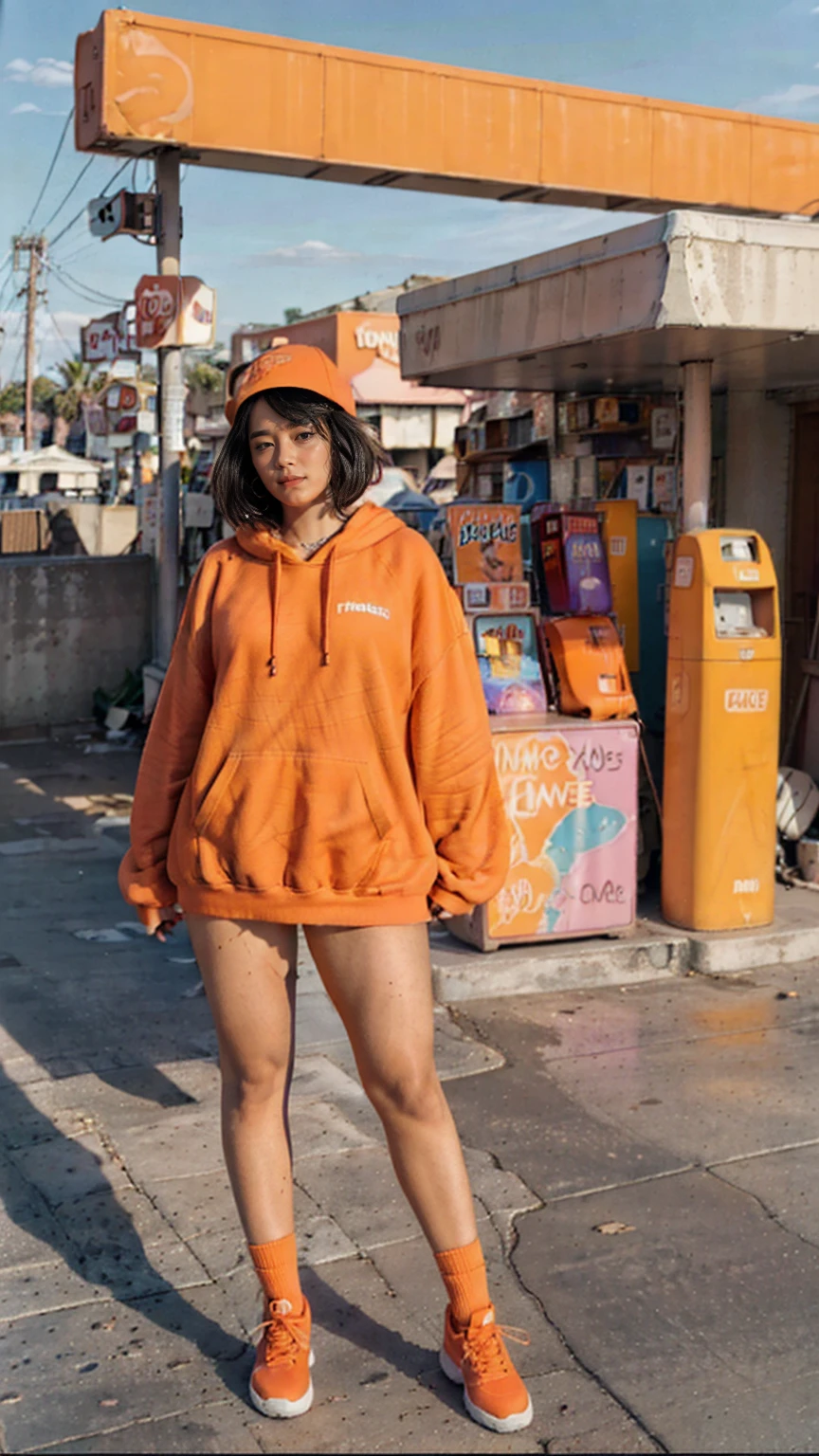 (medium cinematic shot portrait), of cute 23 yo girl (perfect plump body) ,wear ((orange color oversized_hoodie)), wear ((purple tennis skirt)),looking front,Best Quality,Masterpiece,Ultra High Resolution,(Realisticity:1.4),Original Photo, 1Girl, light leak,ultra high resolution,UHD,beautiful, (black bob hair), almond eye, no makeup, looking at camera,in front of ((80's colorful gas station)), (realistic:1.2), (surreal:1.3), (very detailed:1.1), ((masterpiece)),summer, blue sky, palm trees,sunny, los angles vibes,film camera, 800mm lens,style of Philip Lorca diCorcia