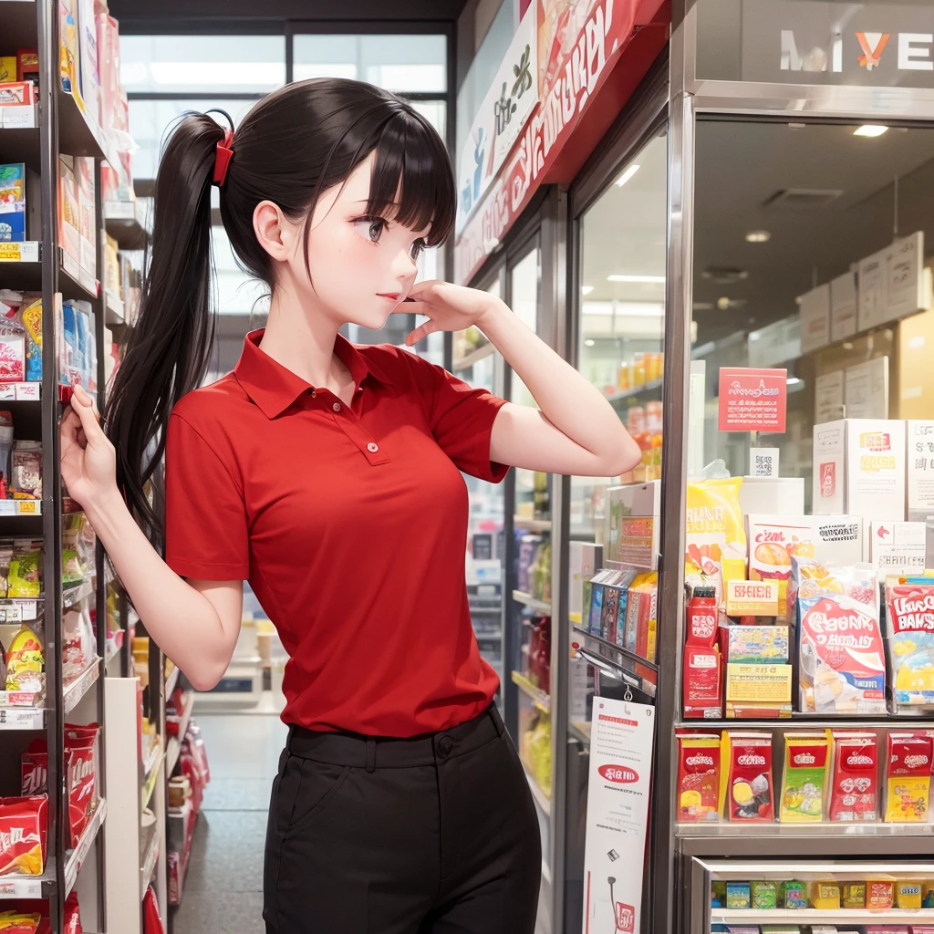 Make a mini mart store with red and white theme and a glass wall. No logo name. A girl employee wearing red polo shirt,wearing black pants, long black ponytailed hair,outside the door