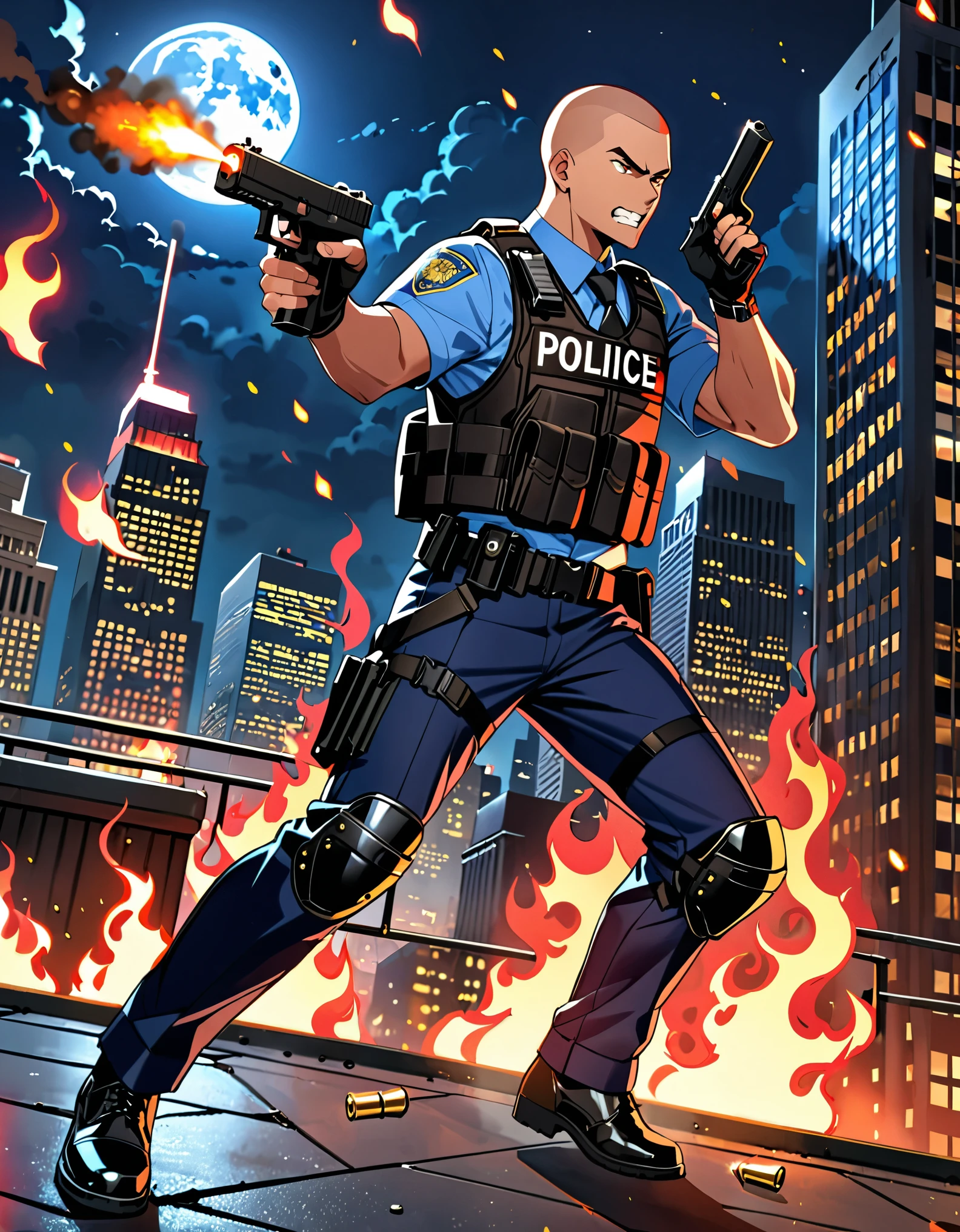 (masterpiece), (best quality), (high res), (solo, solo focus), 1male, male focus, mercenary, police officer, (red hair, short hair, buzz cut, bang), (brown eyes), (perfect hands, using gun, pistol, glock17, muzzle flash, shell casings from gun), matching fingerless black gloves, blue suit and pants, black necktie, black assault vest, black knee pads, black boots. dynamic action pose. new york backdrop, midnight, moon, rooftop, outdoors, standing, angry, clenched teeth, looking away, (his body surrounded by red aura, flames), teleporter. cowboy shot. full-body costume design.