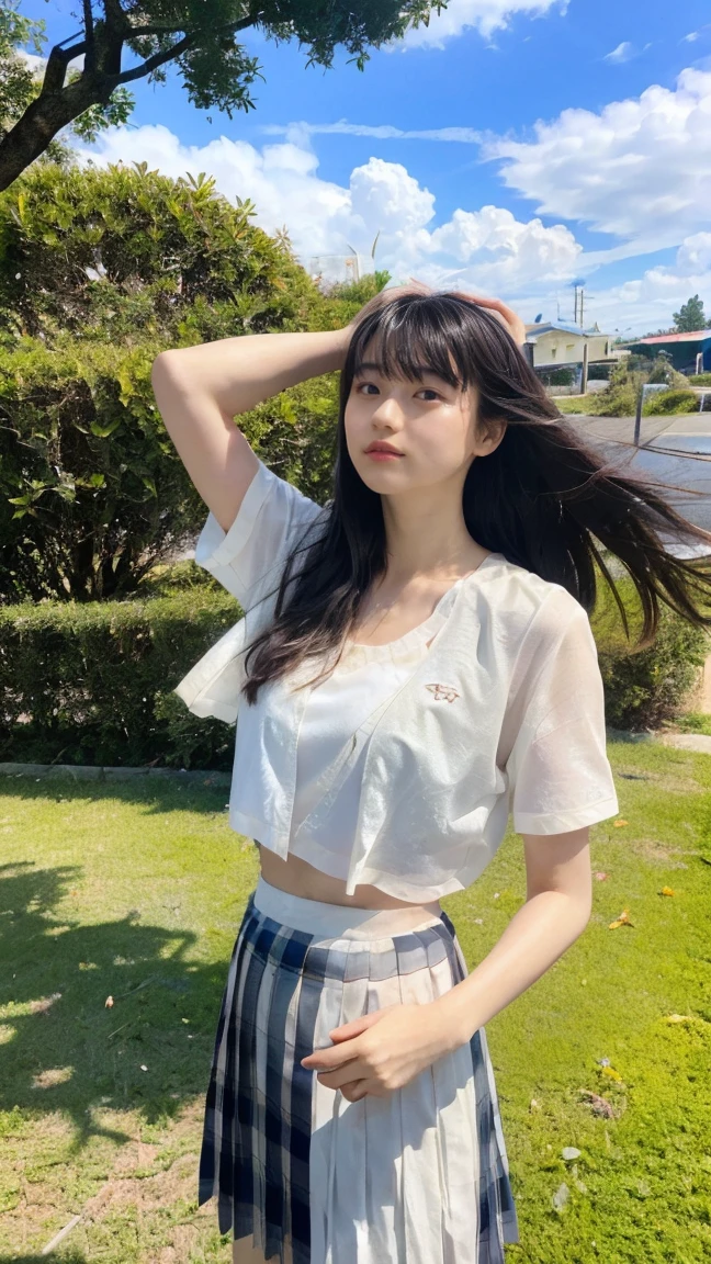 Drawing from below:2.53,One Girl、Beautiful and detailed eyes and face、barefoot、Cute 16 year old Japanese girl, ((Extremely precise and accurate anatomy:1.0)), (photo Realistic:1.4), (hyper Realistic:1.4), (最高品質のRealisticな肌の質感:1.4), (Improvement of quality:1.4), (Enhances the beauty of skin texture:1.1), Clean and glowing skin, mesh, thin:1.2, (Realistic:1.3), Realisticなライティング, (Smoother lighting:1.05), (Improving the quality of cinema lighting:0.9), Backlight, A gentle light on your face, Ray Tracing, (Bright light:1.2), 32K, One Japanese woman, fine grain, Detailed face, (Film Grain:1.1),(Accentuates body lines:1.1), High resolution, Natural look, Kind eyes, Improves hair quality, Delicate light and shadow, Graceful pose, Sharp details, Soft light reflection, Beautiful contours, Delicate skin tone, Fine hair texture, Natural background, (((sunny day、School zone、A strong wind is blowing、Her hair and skirt are flying、 Open shirt、Pleated skirt、stroll:1.25、Light of the sun、Clear skies、stage、Blue sky and white clouds、The joys of youth)))、