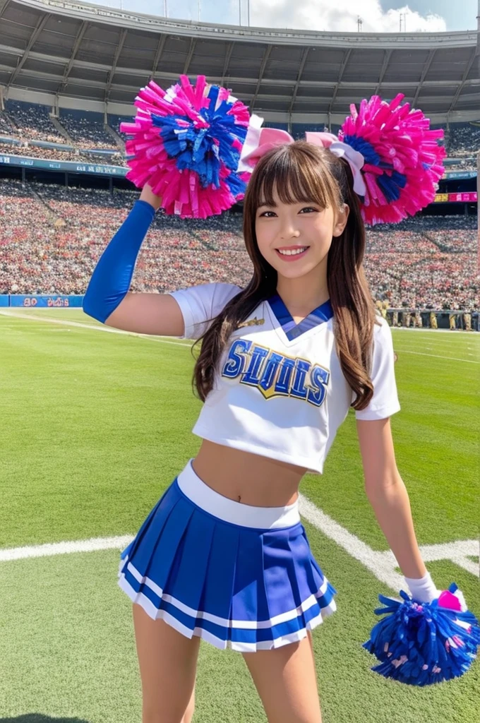 a woman in a blue cheerleading uniform and pink pom poms at a stadium, 1girl, cheerleader, solo, pom pom (cheerleading), smile, skirt, brown hair, navel, realistic, bow, grin, hair bow, brown eyes, midriff