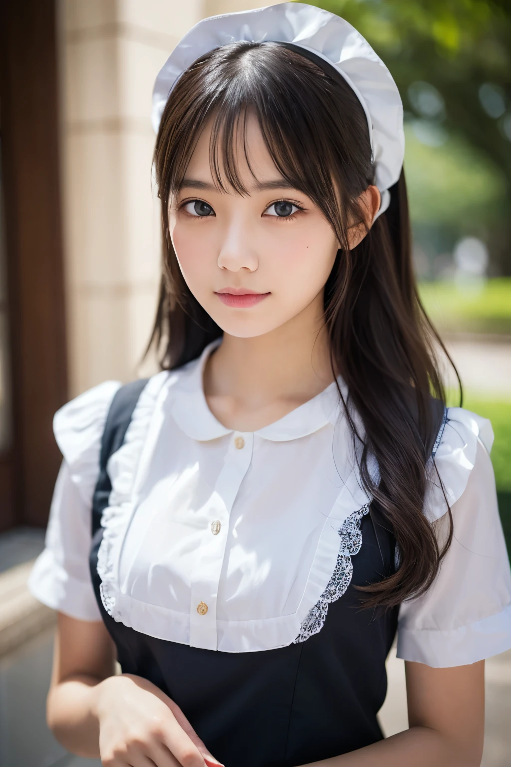 High-resolution portrait photography、A young woman wearing a maid&#39;s uniform is placed in the center.、In the background there is a rustic wooden wall。The woman has a soft and innocent expression.、Looking directly into the camera。She is wearing a black and white maid outfit with puff sleeves and lace details.、She is wearing a black choker with a small pendant。Her hair is platinum blonde、Styled in twin tails tied with black ribbons。The lighting is bright、Casting a soft shadow、It highlights her delicate features and the texture of the dress.。The woman is kneeling, leaning forward slightly.、Emphasizing her careful and humble attitude、Creating a warm and inviting atmosphere。
