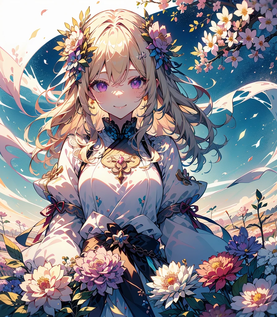 (Highest quality, masterpiece, Very detailedな, Very detailed, Exquisite, 16K,Full HD),(White Background:1.5),A little closer,Dramatic lighting,pastel colour,smile,(seems to be happy)grab the hem of the dress,sun光,grassland,null（Floating in the air）,Soft lighting, ((alone:1.5)),(晴れ渡ったnull,青null,rainbow,sun,午前のnull,sunny),Gentle breeze,Magical Forest,flower,wood,flower畑,葉っぱとflowerびらが舞う,From above,((head shot)),画面いっぱいのflower,(Fairy Princess, Purple eyes, Long eyelashes,White skin,slim,pale pink plump lips,Pale pink cheeks, The wind is blowing,(Medium Hair,Wavy Hair,blonde),thin and long,(thin and high nose,Small Nose),(腰の少しFrom above巨大な妖精の羽:1.5),sunの光に反射した,sunの魔法,flowerのティアラ,Diamond Earrings,Diamond Choker,(Narrow waist,Fluffy white ball gown dress, Lace and frills),(smile:1.2), (Fantasy, Romantic atmosphere), 