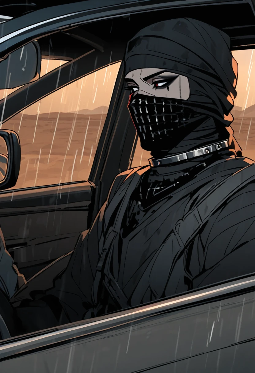 Male arab modern terrorist, terrorist, black balaclava, black bandage, black clothes, thin waist, skinny body, femboy, light skin, makeup, black eyeliner, big eyelashes, black eyeshadow, metal choker,  light tanned skin, inside the car, desert, rain, night