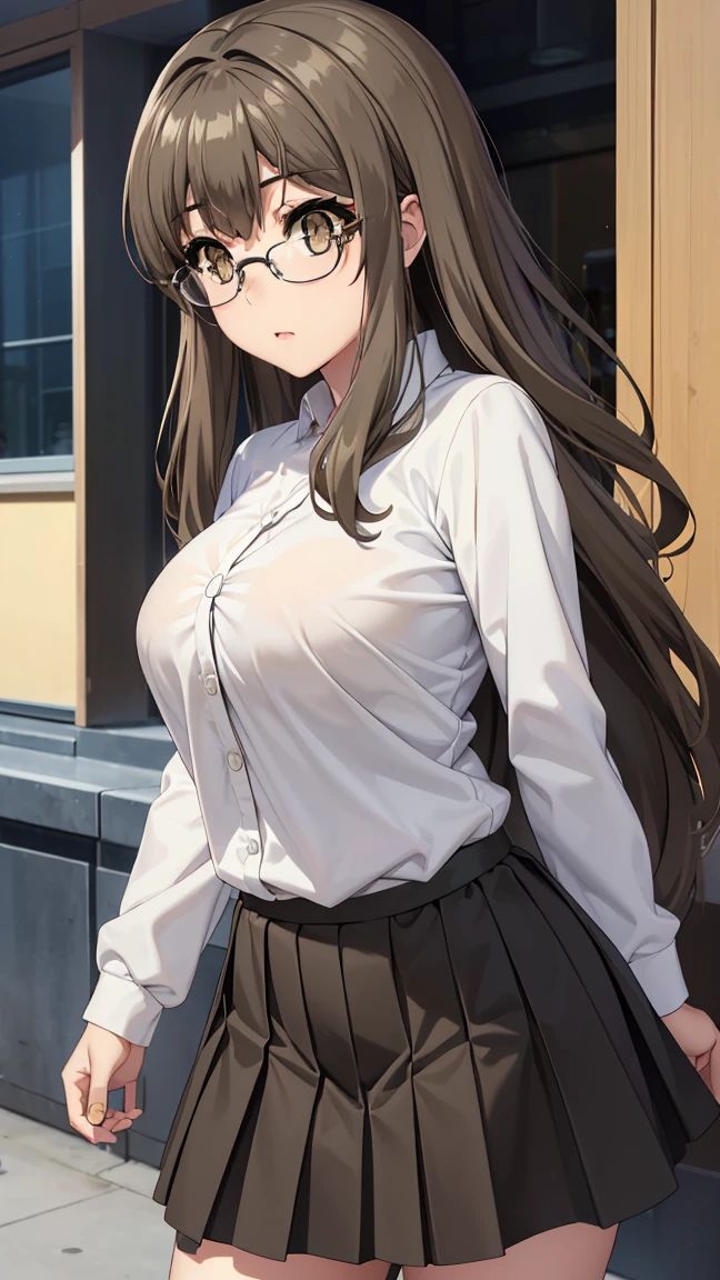 riofutaba, rio futaba, black-framed eyewear, (brown eyes:1.7), glasses, (grey hair:1.2), hair between eyes, over-rim eyewear, semi-rimless eyewear, long hair, sidelocks,
BREAK (casual clothes, (skirt),long sleeves,closed clothes:1.2),
front view detailed body, long belly , Slender body, tight body , thicc, large breast, breast, long thighs, masterpiece, long hair, very long hair, 20yo,Young female,Beautiful Finger,Beautiful long legs,Beautiful body,Beautiful Nose,Beautiful character design, perfect eyes, perfect face,expressive eyes, looking at viewer,NSFW, (full_body),(Focus on her face), official art,extremely detailed CG unity 8k wallpaper, perfect lighting,Colorful, Bright_Front_face_Lighting,shiny skin, (masterpiece:1.0),(best_quality:1.0), ultra high res,4K,ultra-detailed, photography, 8K, HDR, highres, absurdres:1.2, Kodak portra 400, film grain, blurry background, bokeh:1.2, lens flare, (vibrant_color:1.2) (Beautiful,large_Breasts:1.4), (beautiful_face:1.5),(narrow_waist),